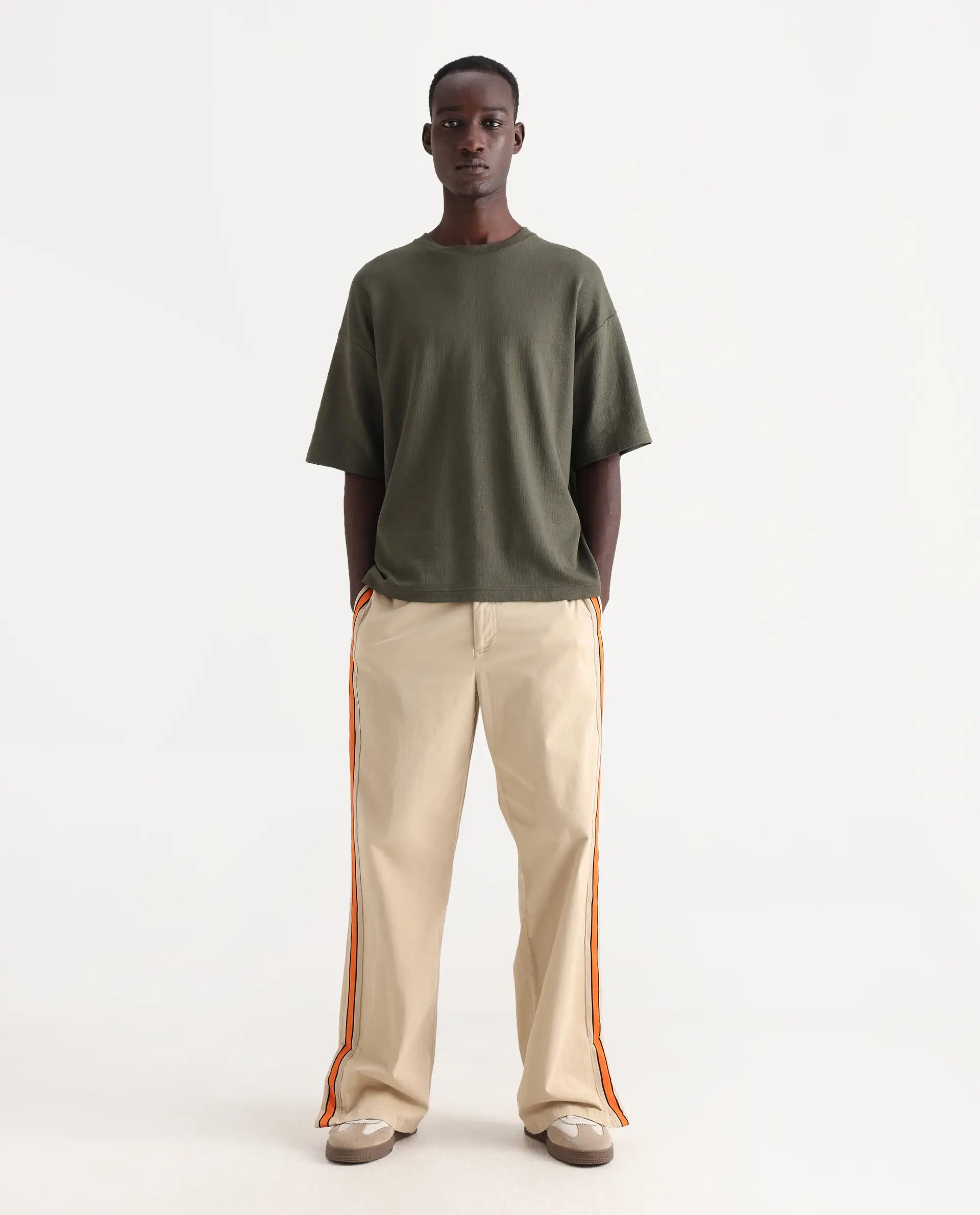 Rare Rabbit Men's Riol Beige Cotton Blend Plain Wide Leg Trouser