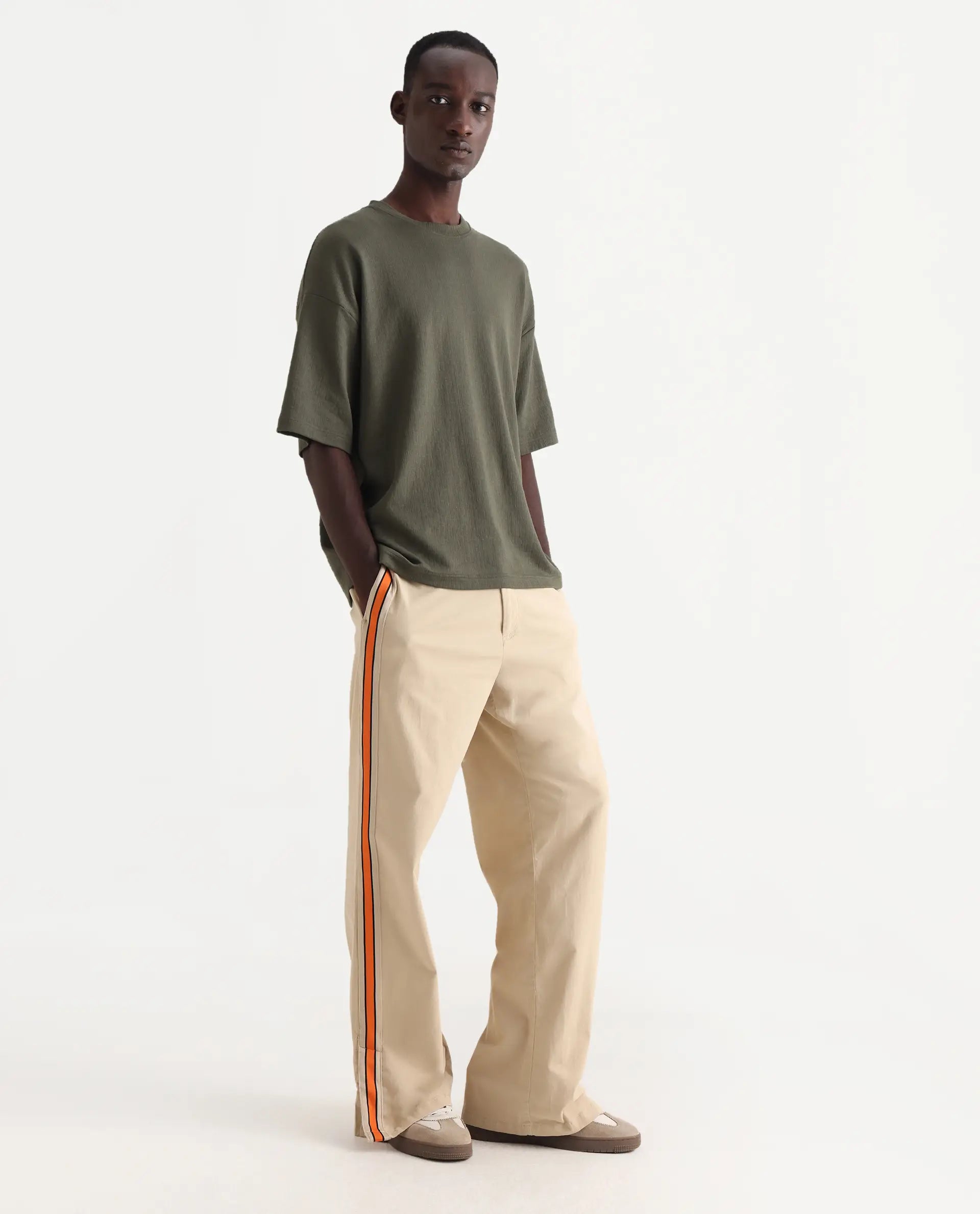 Rare Rabbit Men's Riol Beige Cotton Blend Plain Wide Leg Trouser