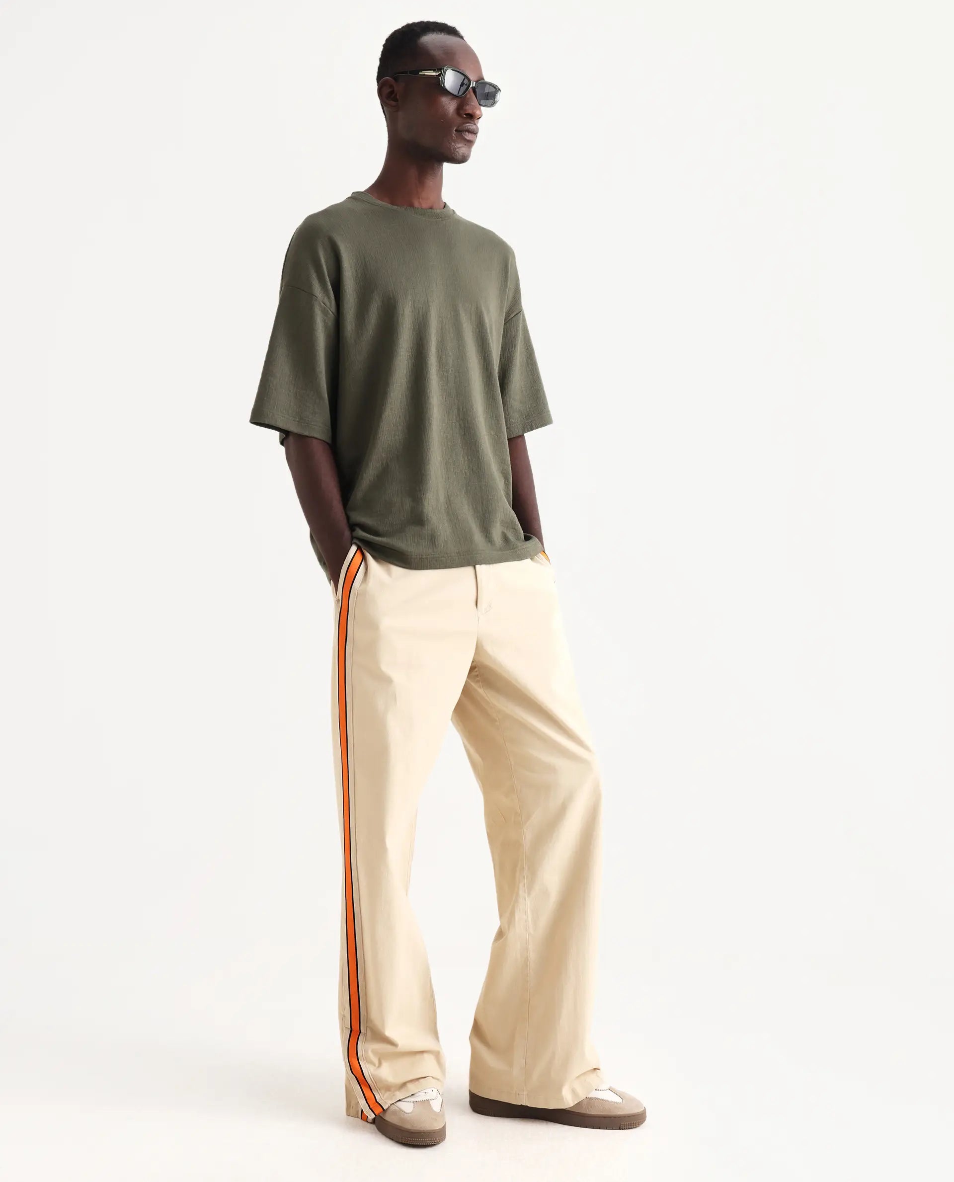 Rare Rabbit Men's Riol Beige Cotton Blend Plain Wide Leg Trouser