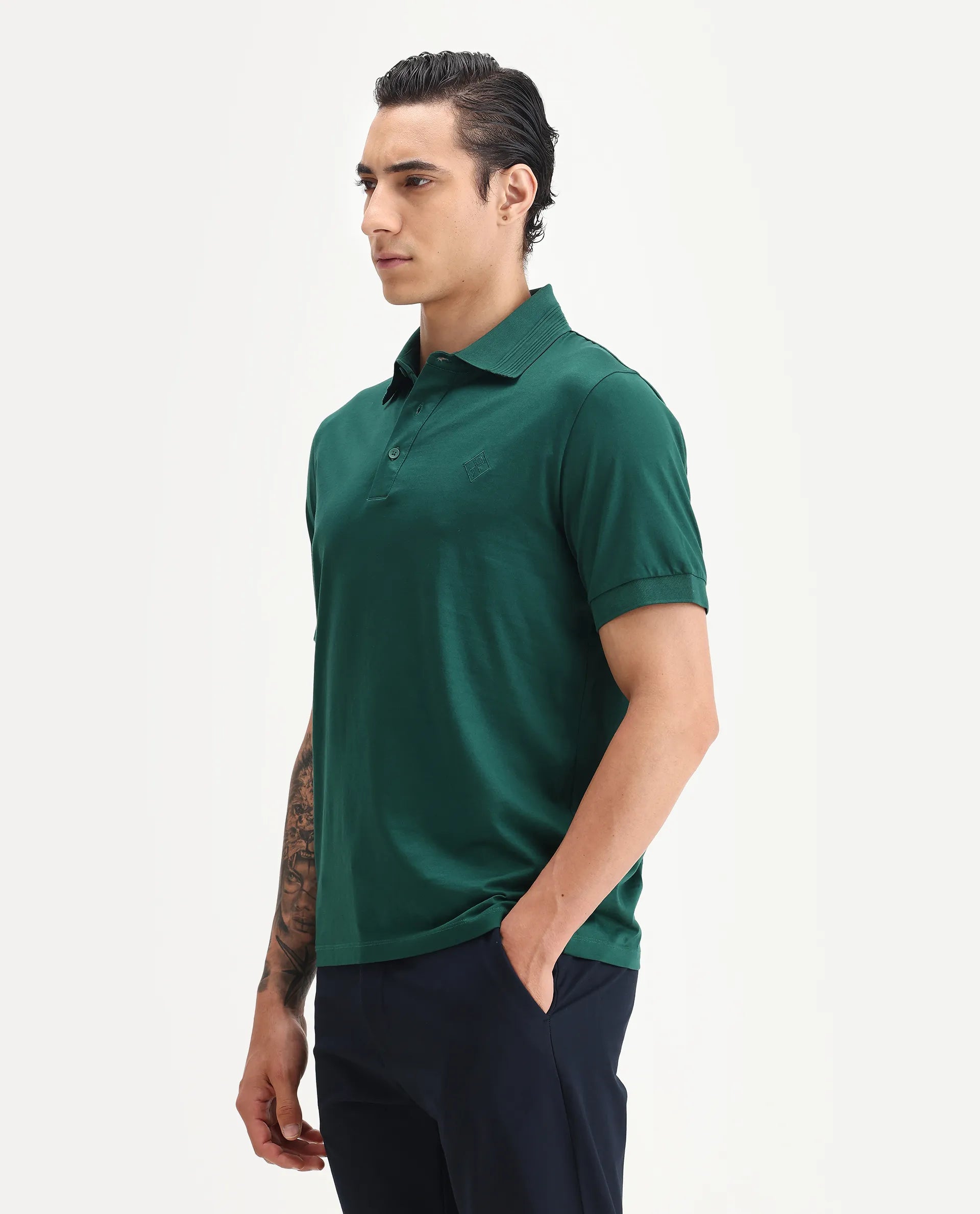 Rare Rabbit Men's Ripl Dark Green Cotton Plain Regular Fit Half Sleeve Polo