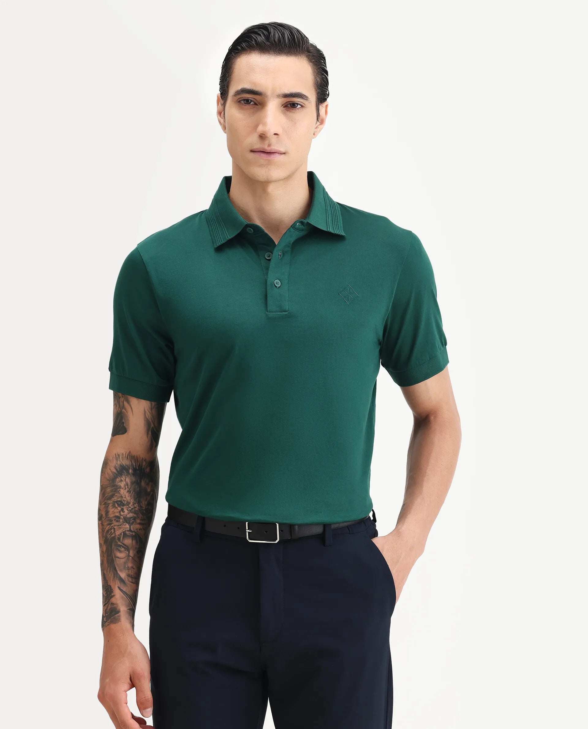 Rare Rabbit Men's Ripl Dark Green Cotton Plain Regular Fit Half Sleeve Polo