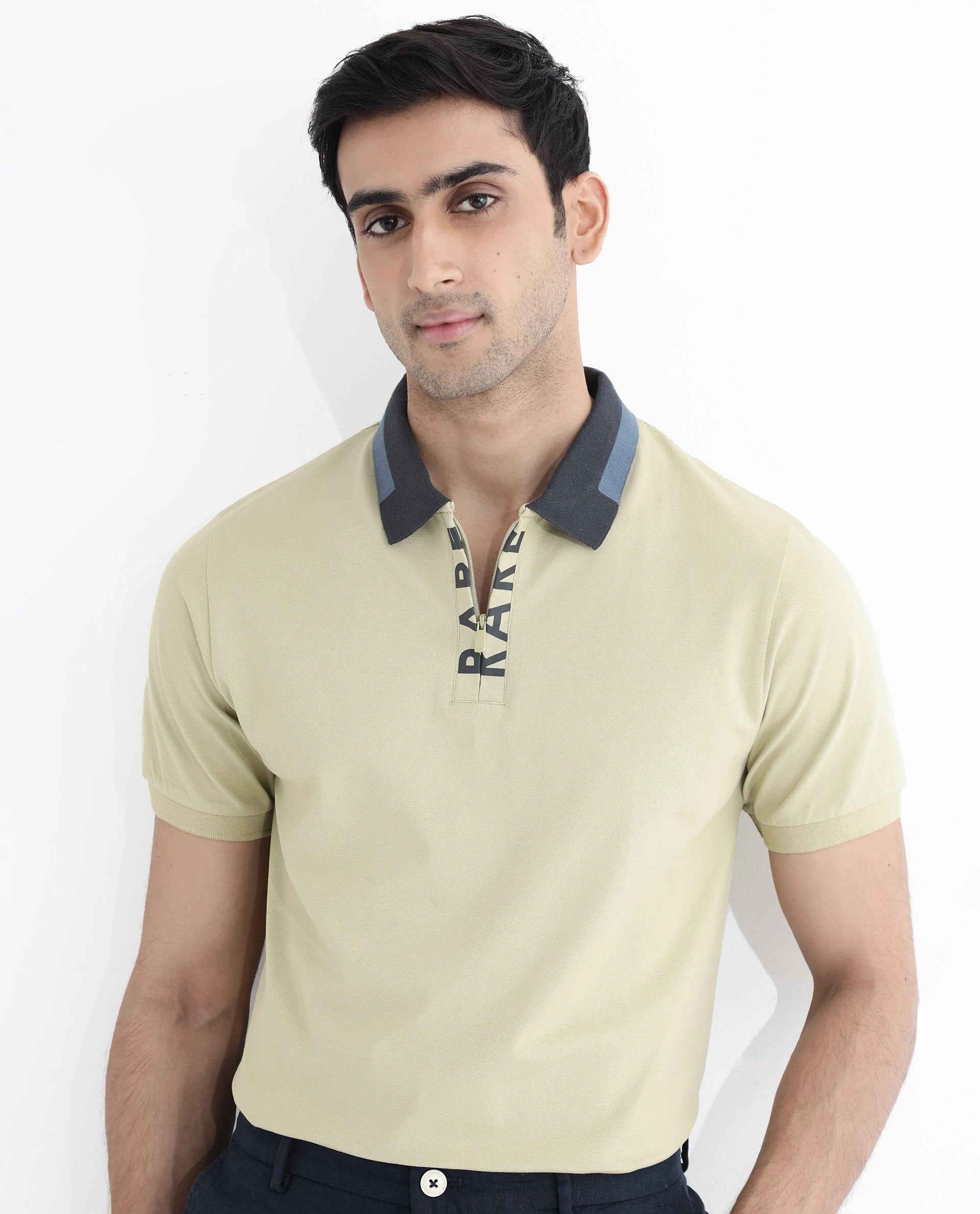 Rare Rabbit Men's Rique Dusky Green Cotton Fabric Short Sleeve Zipper Closure Plain Knitted Polo T-Shirt