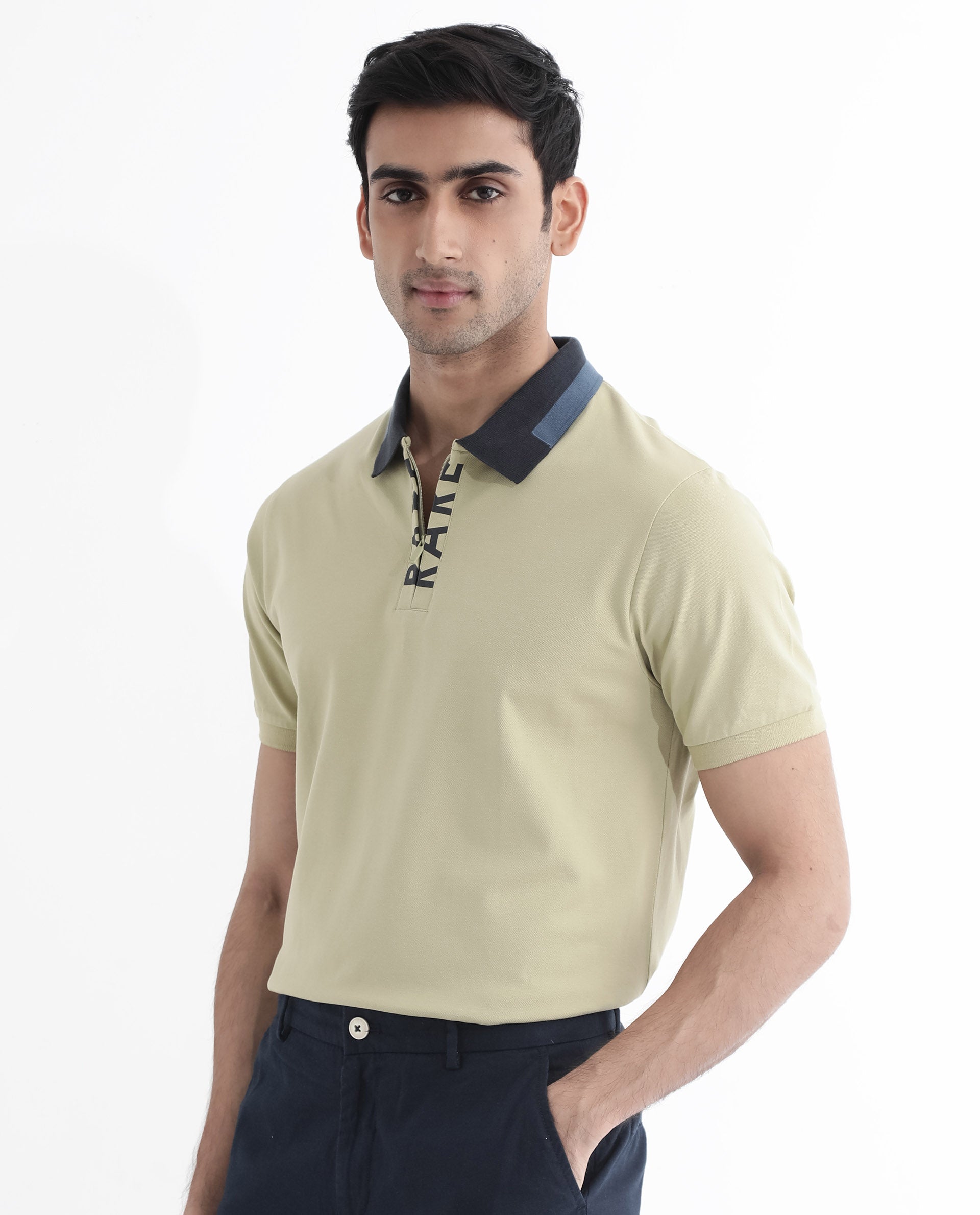 Rare Rabbit Men's Rique Dusky Green Cotton Fabric Short Sleeve Zipper Closure Plain Knitted Polo T-Shirt