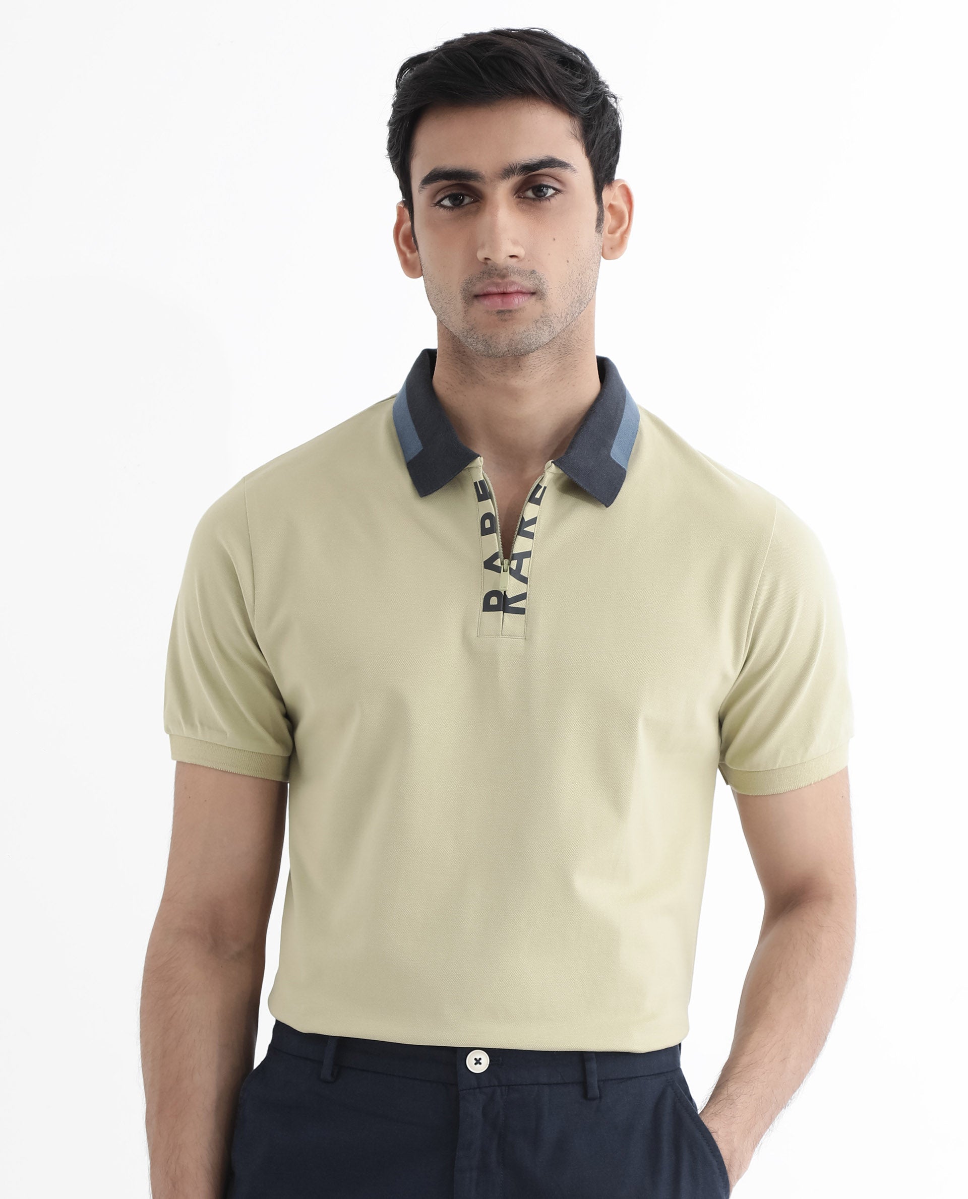 Rare Rabbit Men's Rique Dusky Green Cotton Fabric Short Sleeve Zipper Closure Plain Knitted Polo T-Shirt