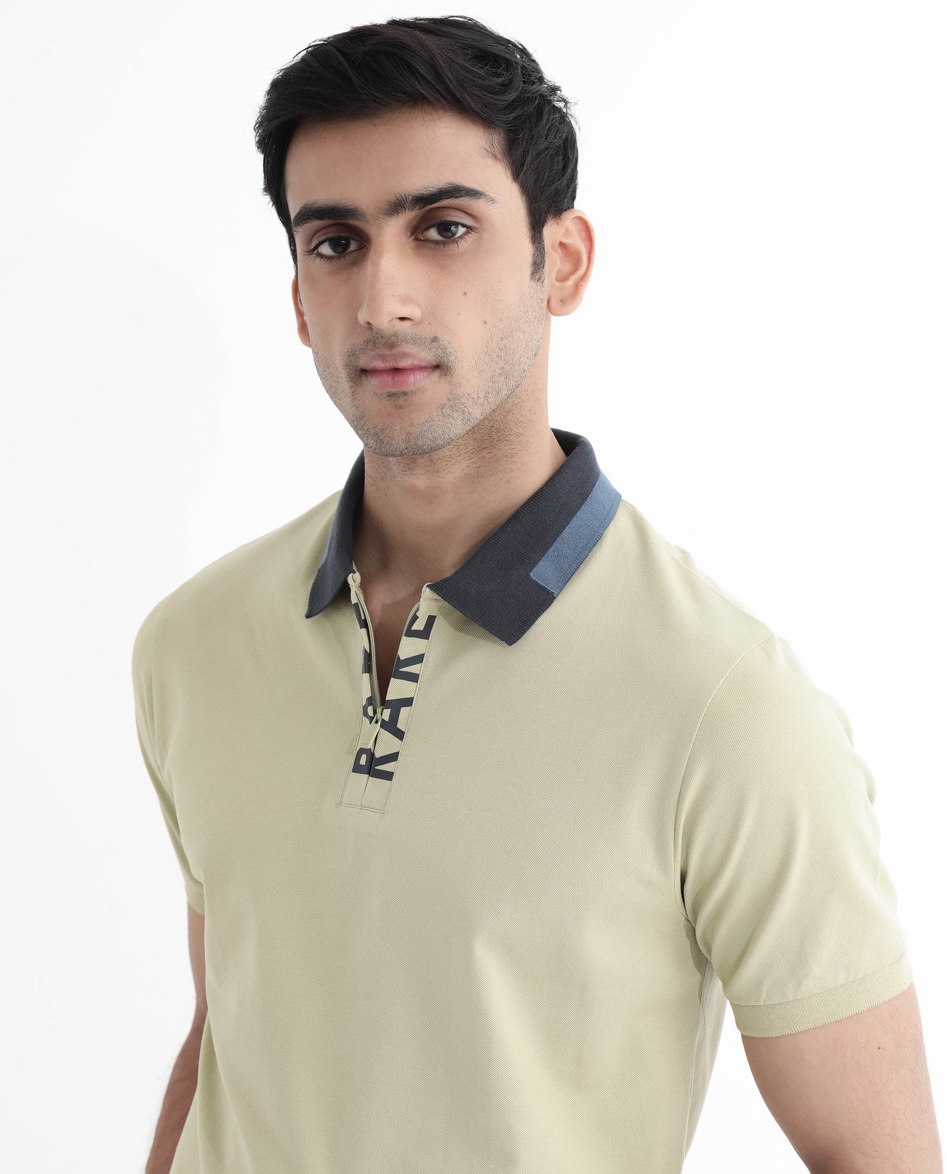 Rare Rabbit Men's Rique Dusky Green Cotton Fabric Short Sleeve Zipper Closure Plain Knitted Polo T-Shirt