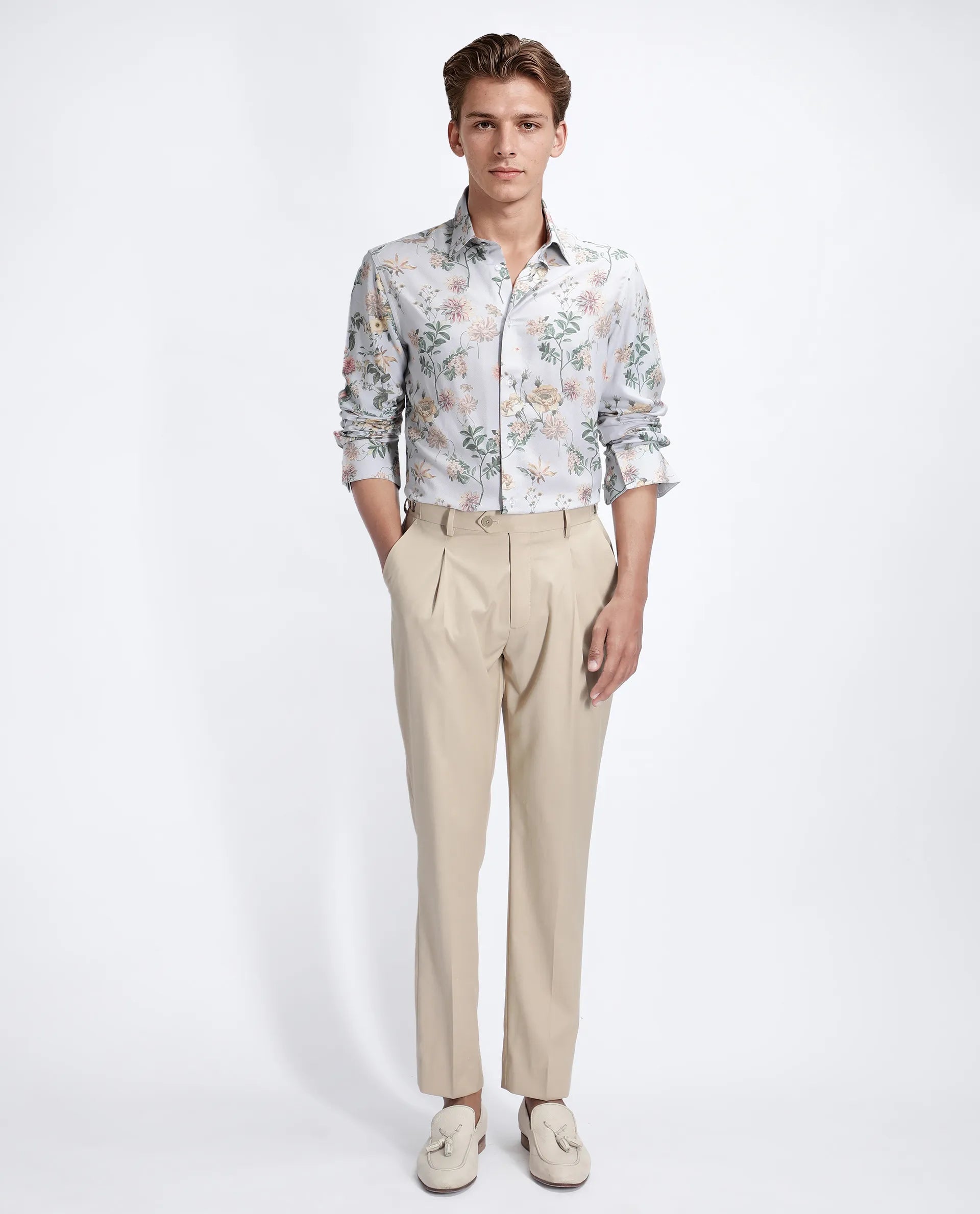 Rare Rabbit Men's Risa Light Grey Viscose Blend Floral Print Regular Fit Full Sleeve Collared Shirt