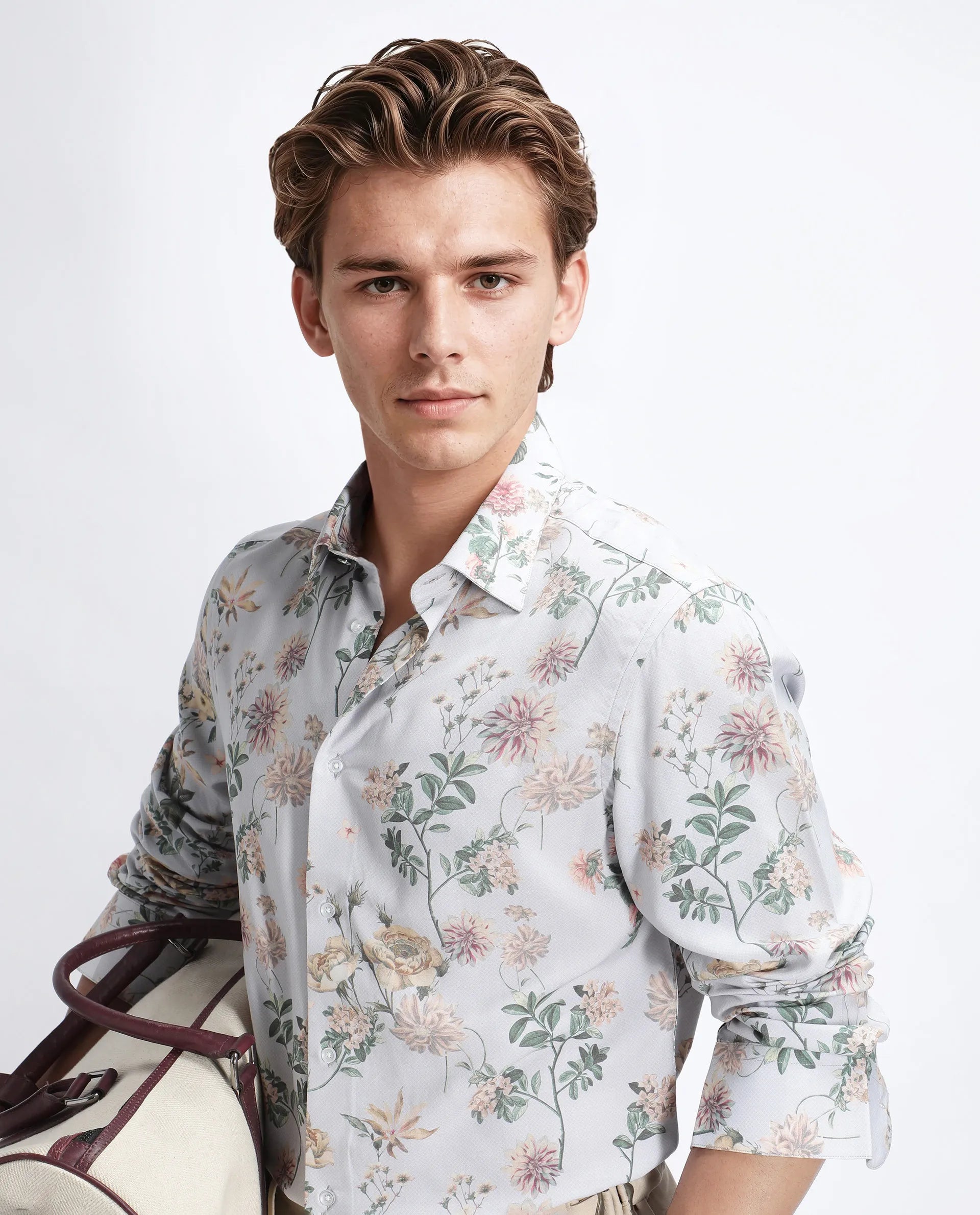 Rare Rabbit Men's Risa Light Grey Viscose Blend Floral Print Regular Fit Full Sleeve Collared Shirt