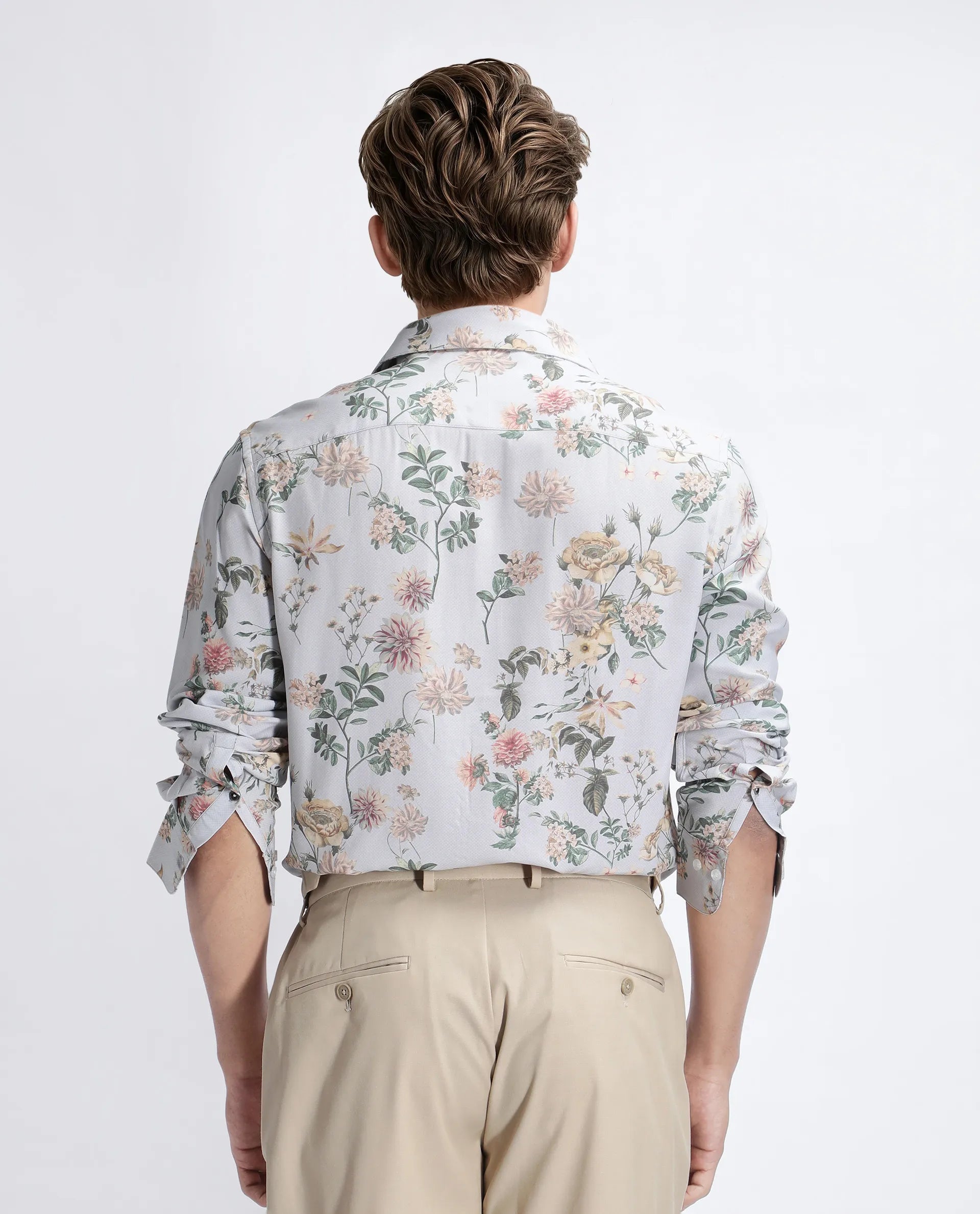 Rare Rabbit Men's Risa Light Grey Viscose Blend Floral Print Regular Fit Full Sleeve Collared Shirt