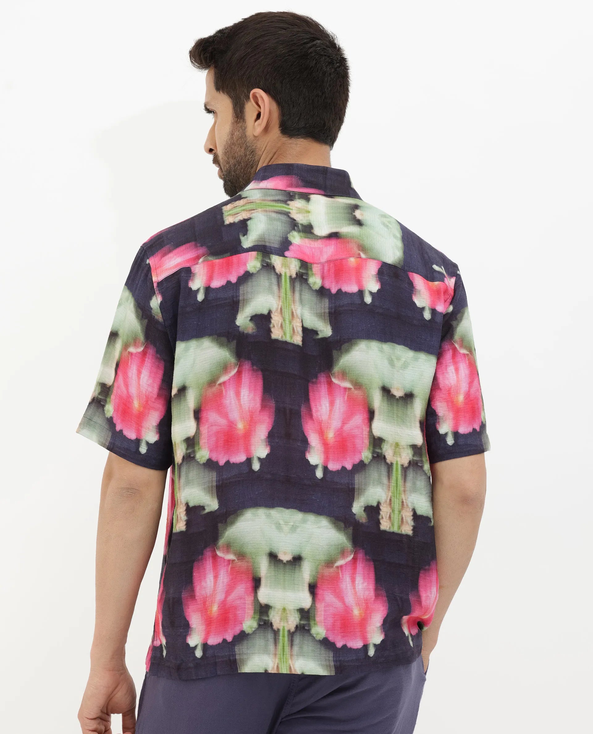 Rare Rabbit Men's Risca Purple Viscose Fabric Half Sleeves Boxy Fit Abstract Floral Print Shirt