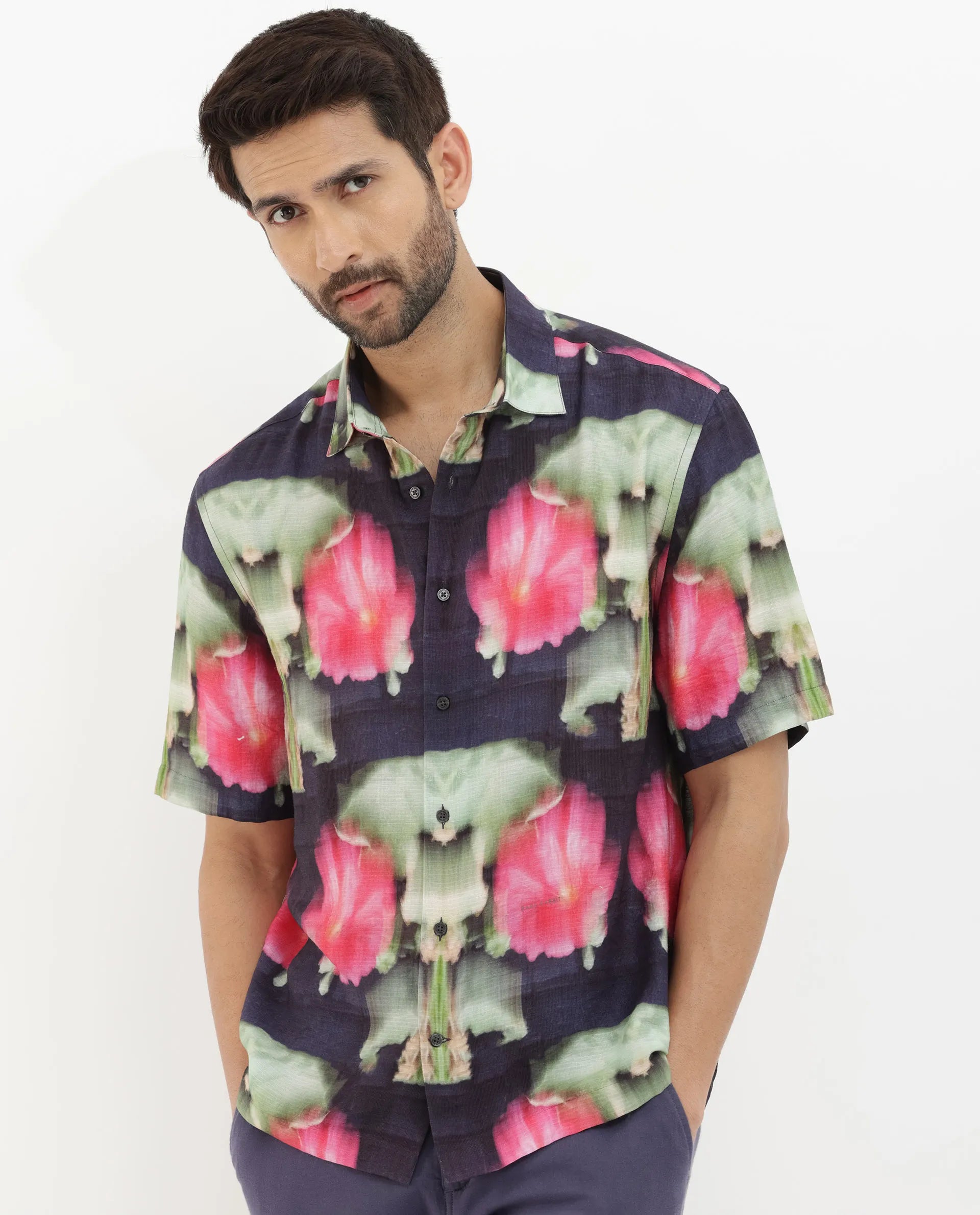 Rare Rabbit Men's Risca Purple Viscose Fabric Half Sleeves Boxy Fit Abstract Floral Print Shirt