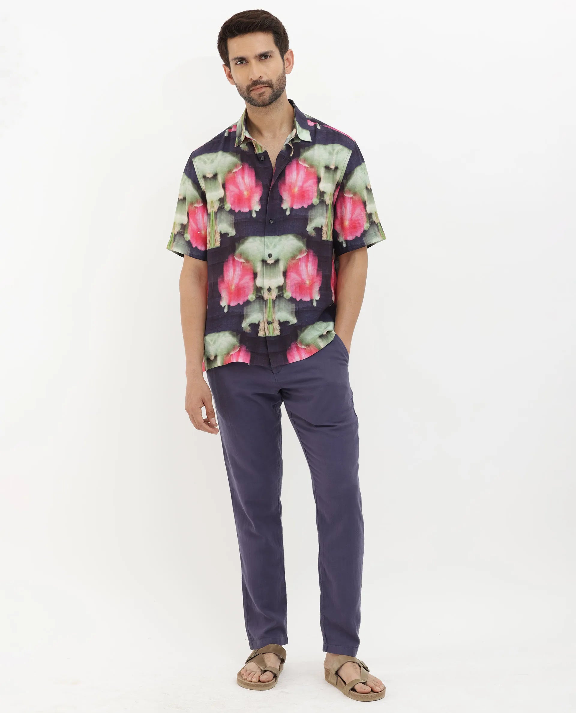 Rare Rabbit Men's Risca Purple Viscose Fabric Half Sleeves Boxy Fit Abstract Floral Print Shirt