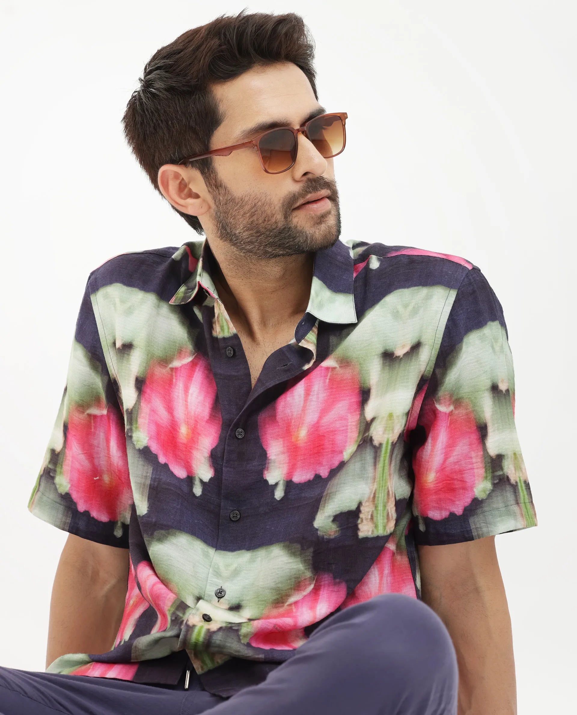 Rare Rabbit Men's Risca Purple Viscose Fabric Half Sleeves Boxy Fit Abstract Floral Print Shirt