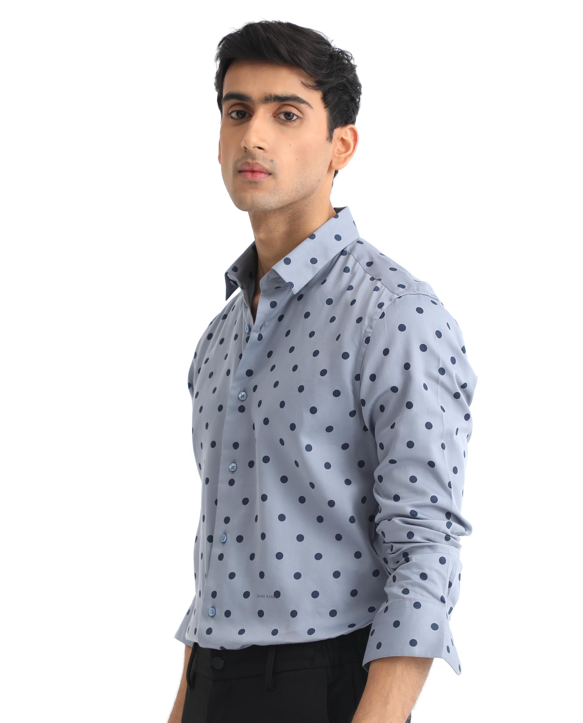 Rare Rabbit Men's Rish Blue Cotton Modal Fabric Polka Print Full Sleeves Shirt