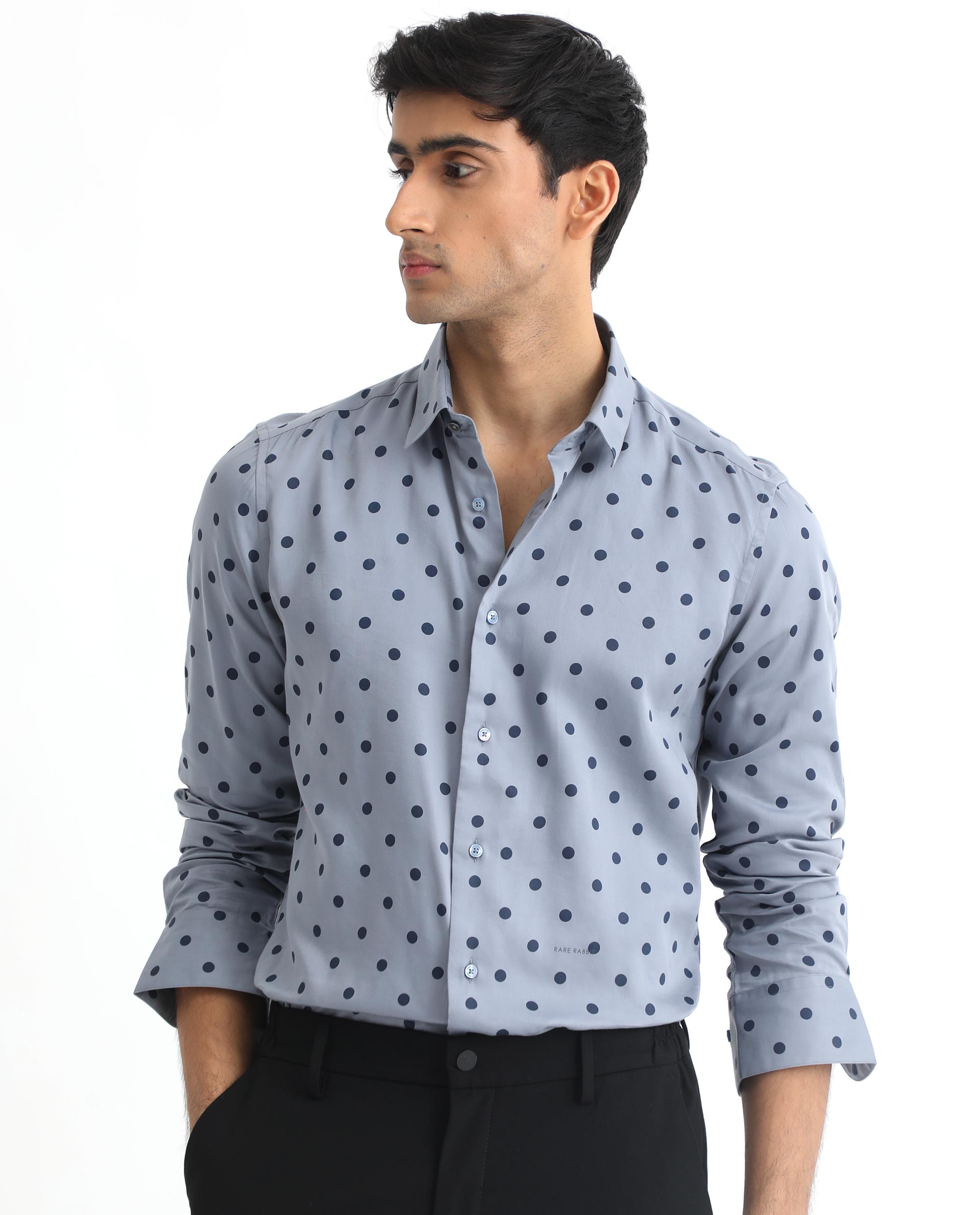 Rare Rabbit Men's Rish Blue Cotton Modal Fabric Polka Print Full Sleeves Shirt