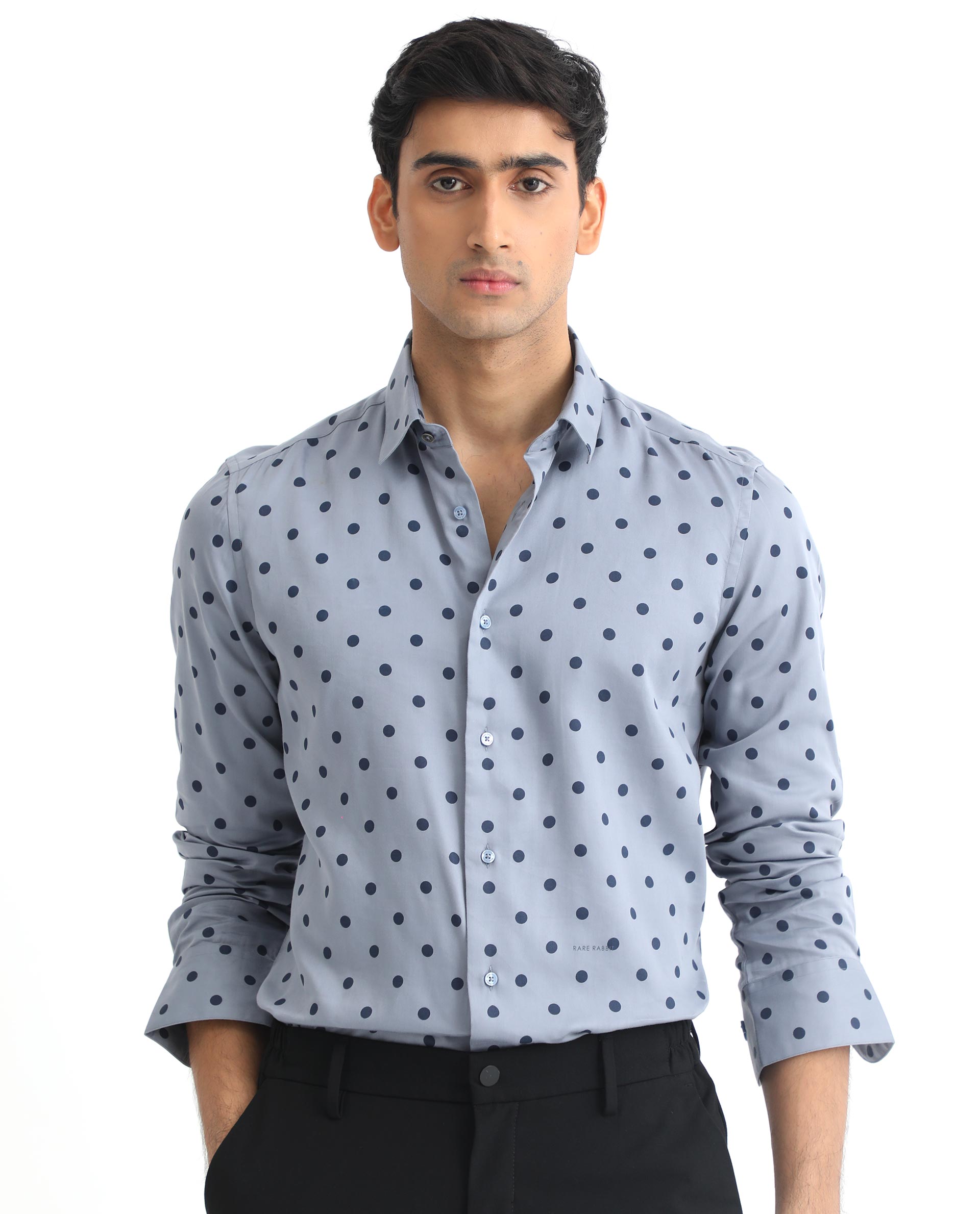 Rare Rabbit Men's Rish Blue Cotton Modal Fabric Polka Print Full Sleeves Shirt