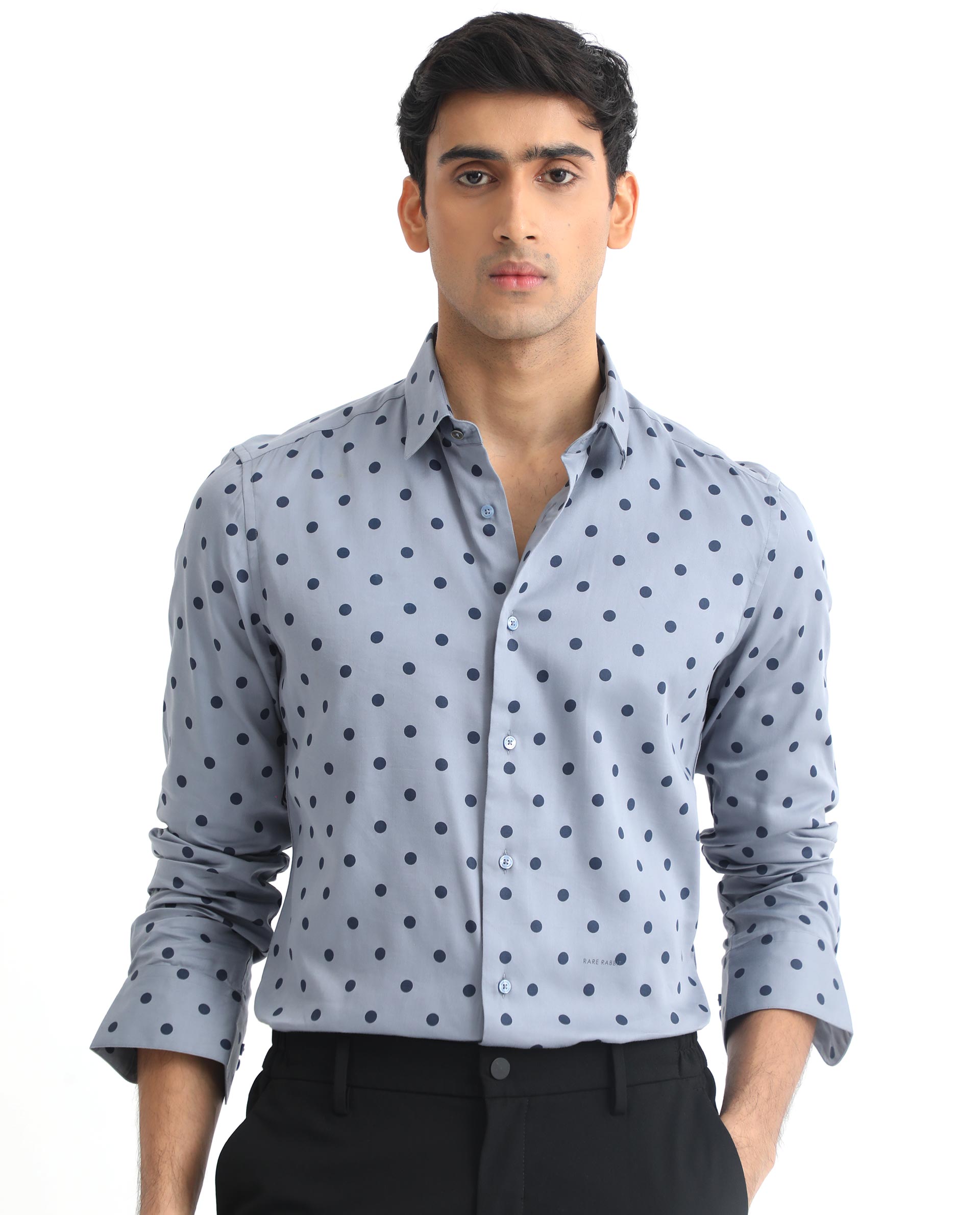Rare Rabbit Men's Rish Blue Cotton Modal Fabric Polka Print Full Sleeves Shirt