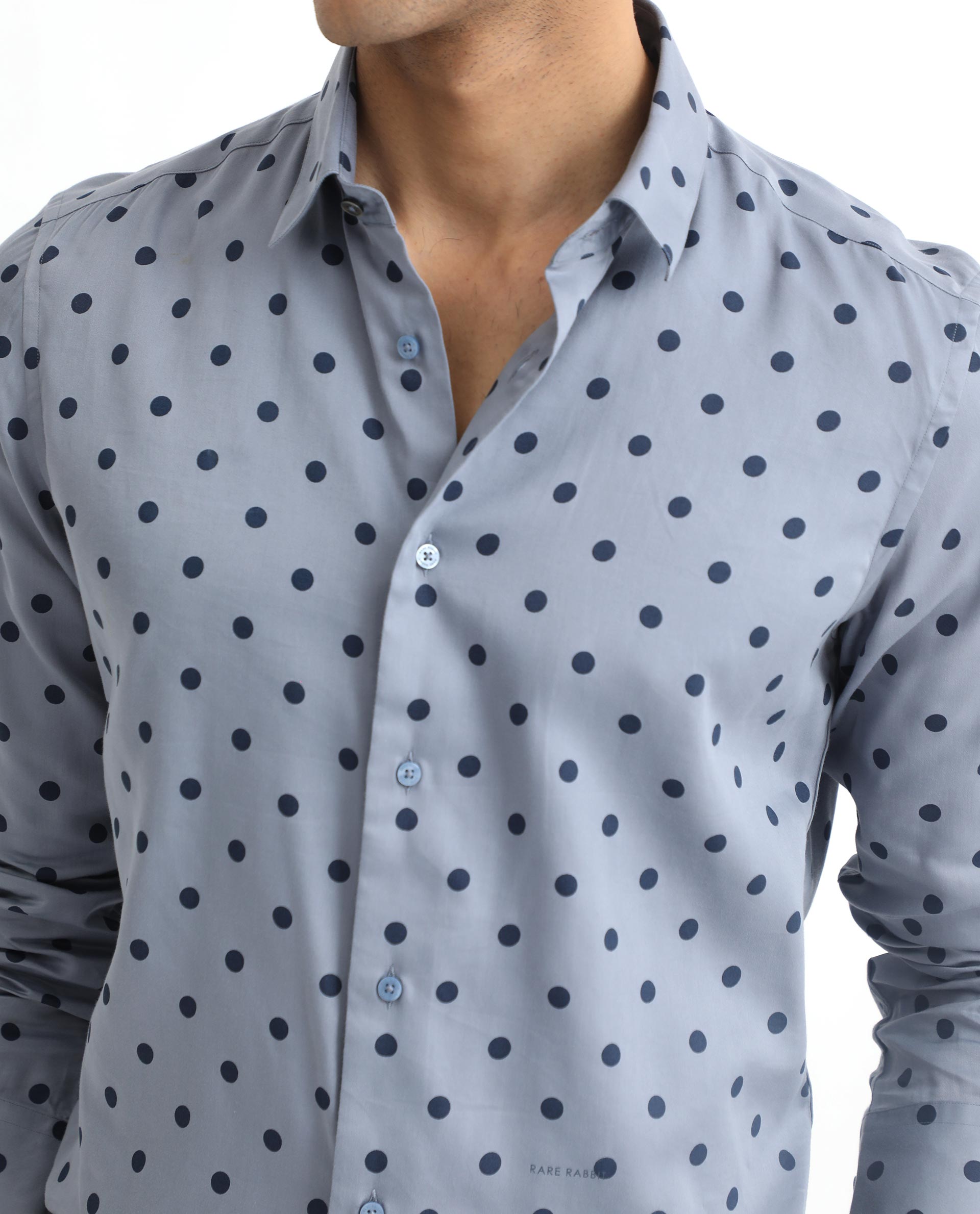 Rare Rabbit Men's Rish Blue Cotton Modal Fabric Polka Print Full Sleeves Shirt