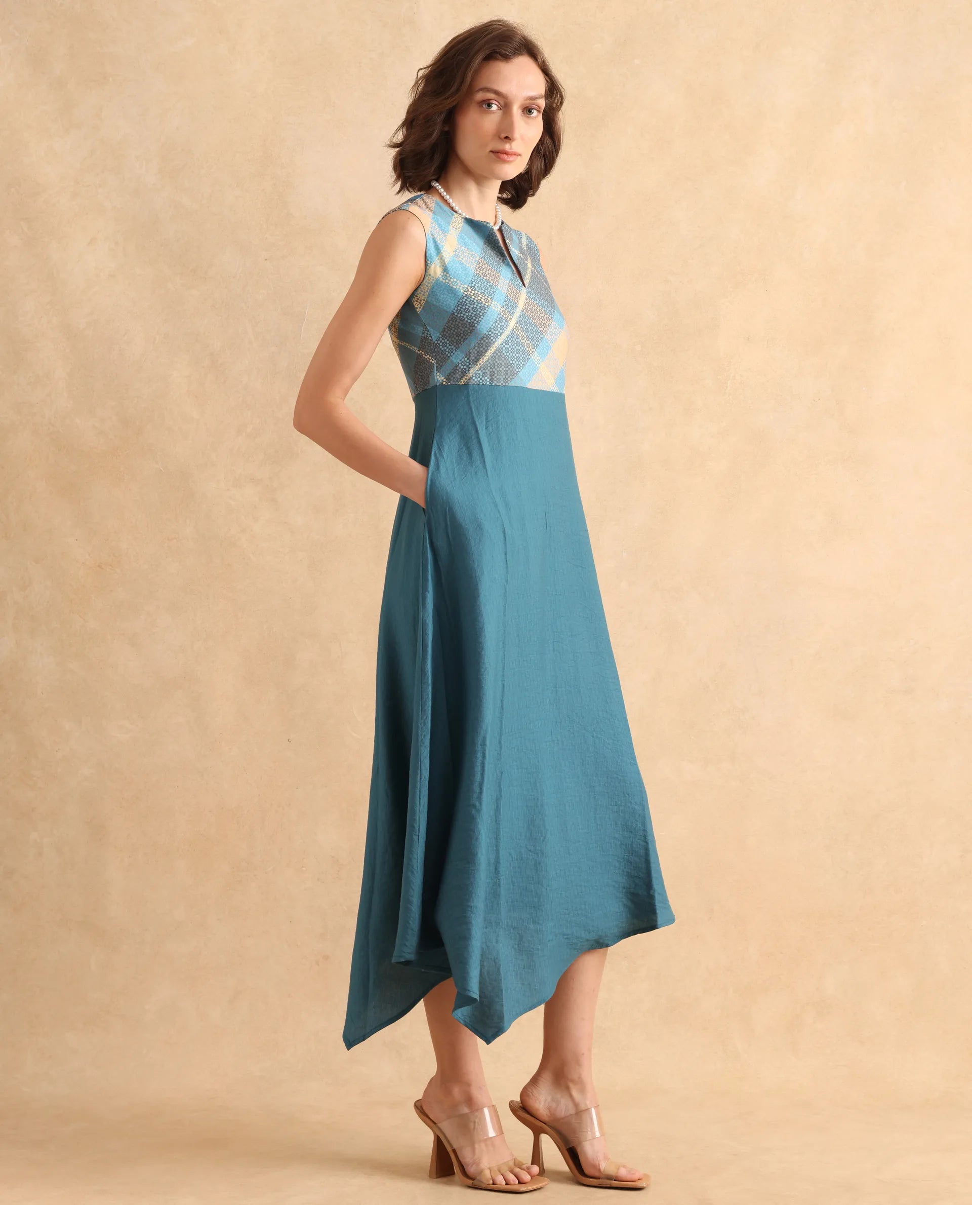 Rareism Women Riskal Blue Sleeveless Round Neck Fit And Flare Maxi Flannel Print Dress