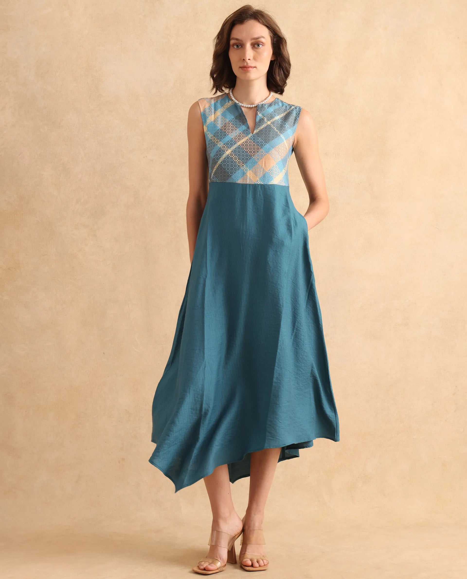 Rareism Women Riskal Blue Sleeveless Round Neck Fit And Flare Maxi Flannel Print Dress