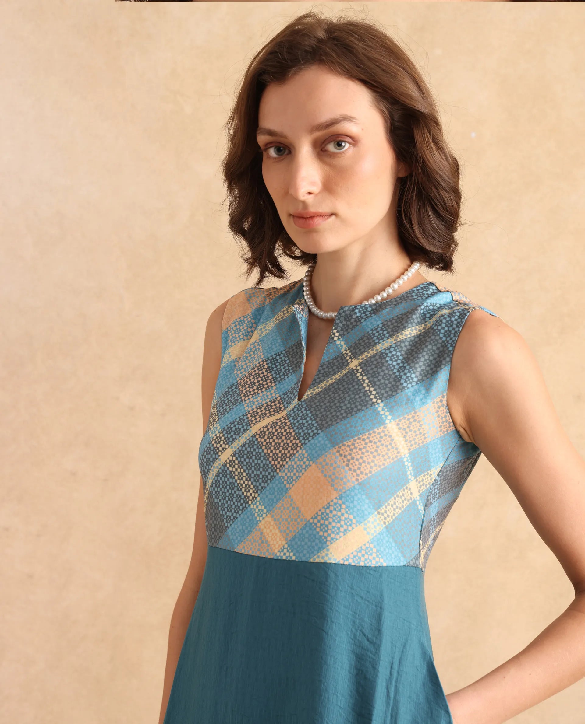 Rareism Women Riskal Blue Sleeveless Round Neck Fit And Flare Maxi Flannel Print Dress