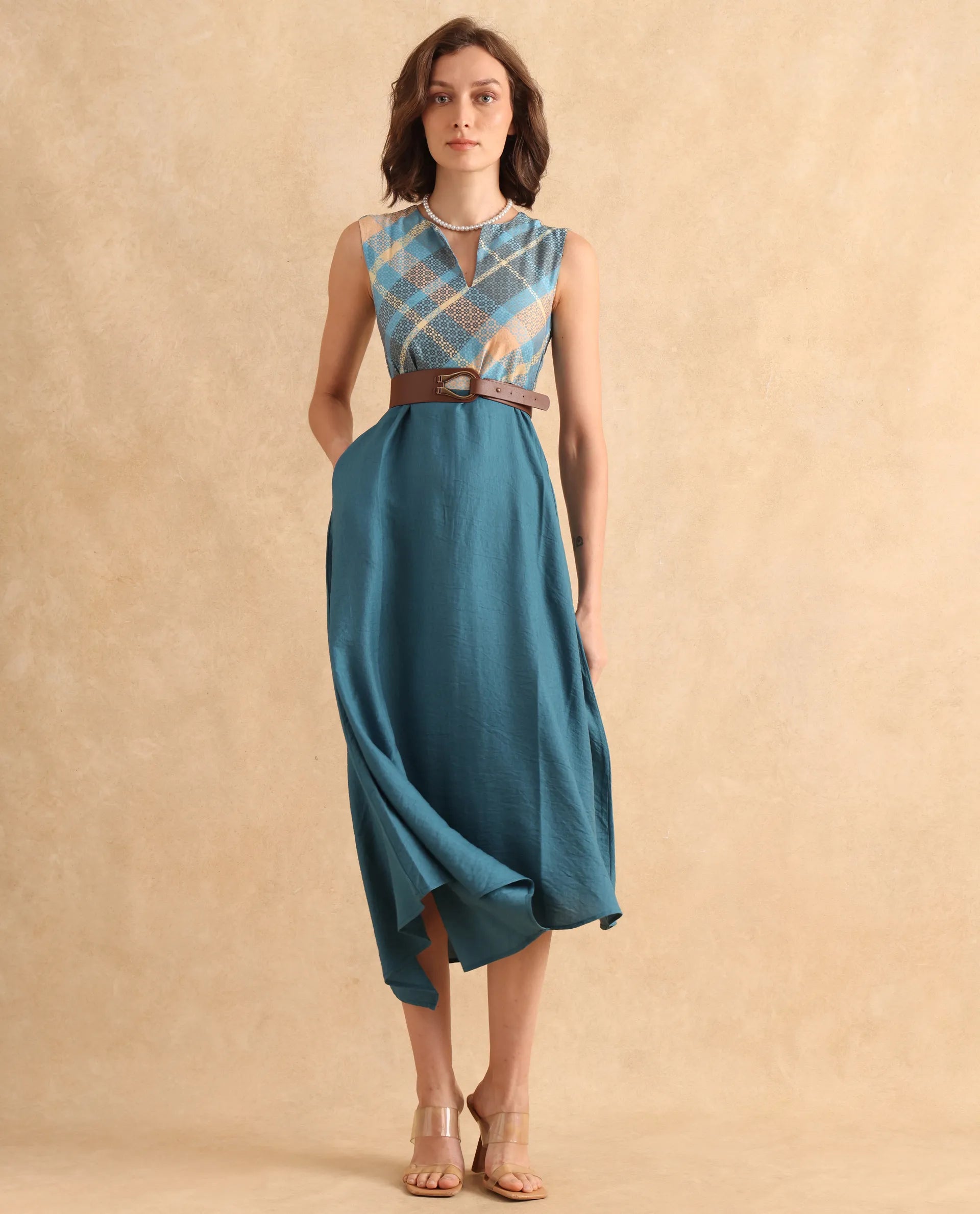 Rareism Women Riskal Blue Sleeveless Round Neck Fit And Flare Maxi Flannel Print Dress