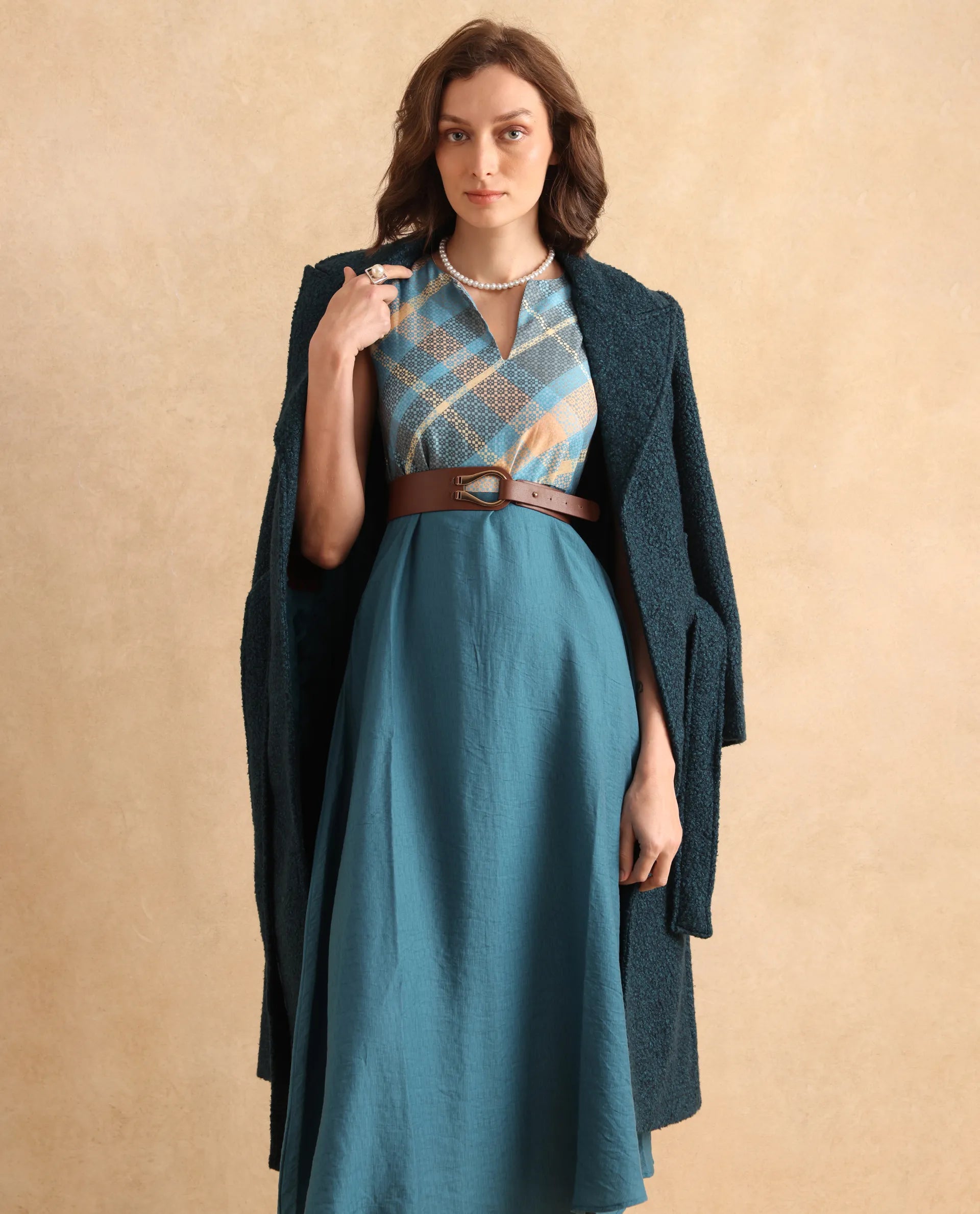 Rareism Women Riskal Blue Sleeveless Round Neck Fit And Flare Maxi Flannel Print Dress