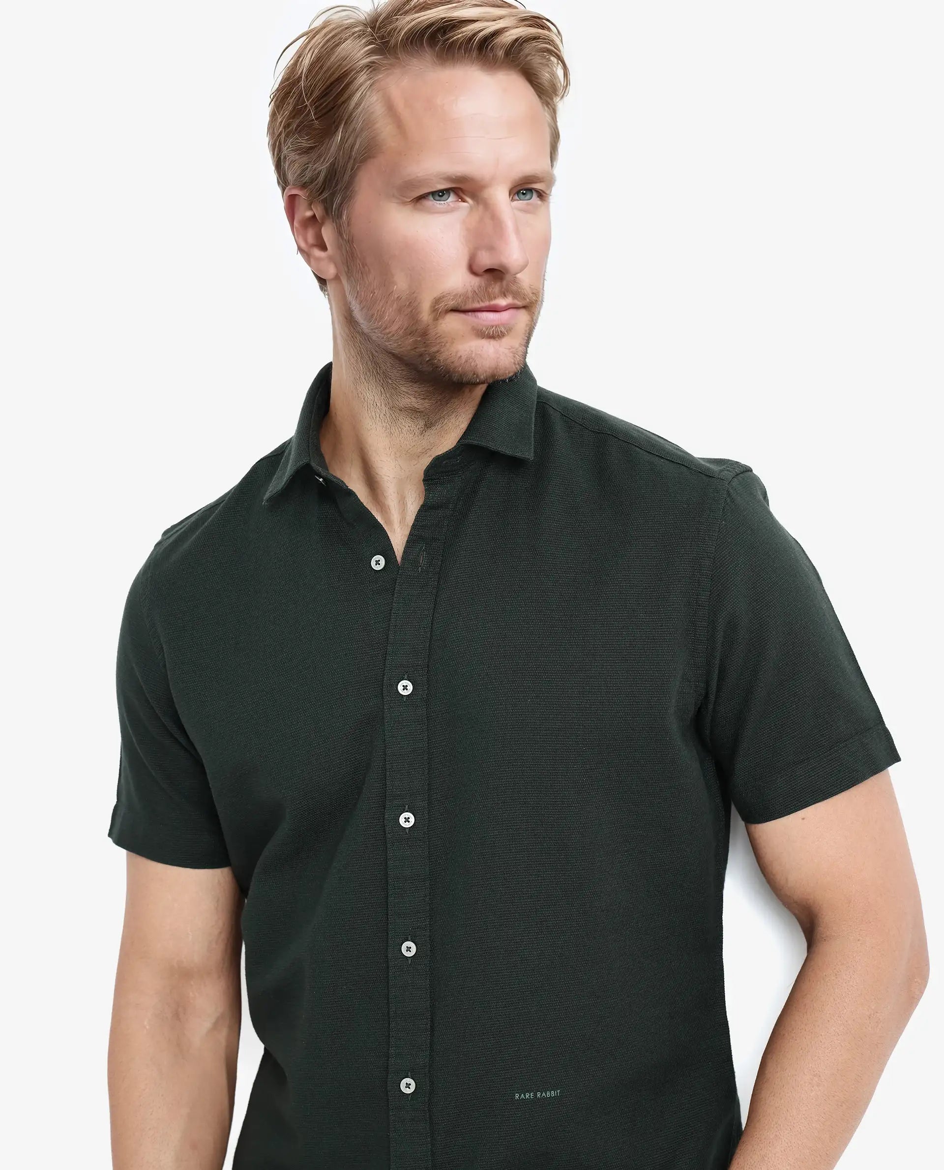 Rare Rabbit Men's Rissa Dark Green Cotton Fabric Half Sleeves Solid Dobby Shirt