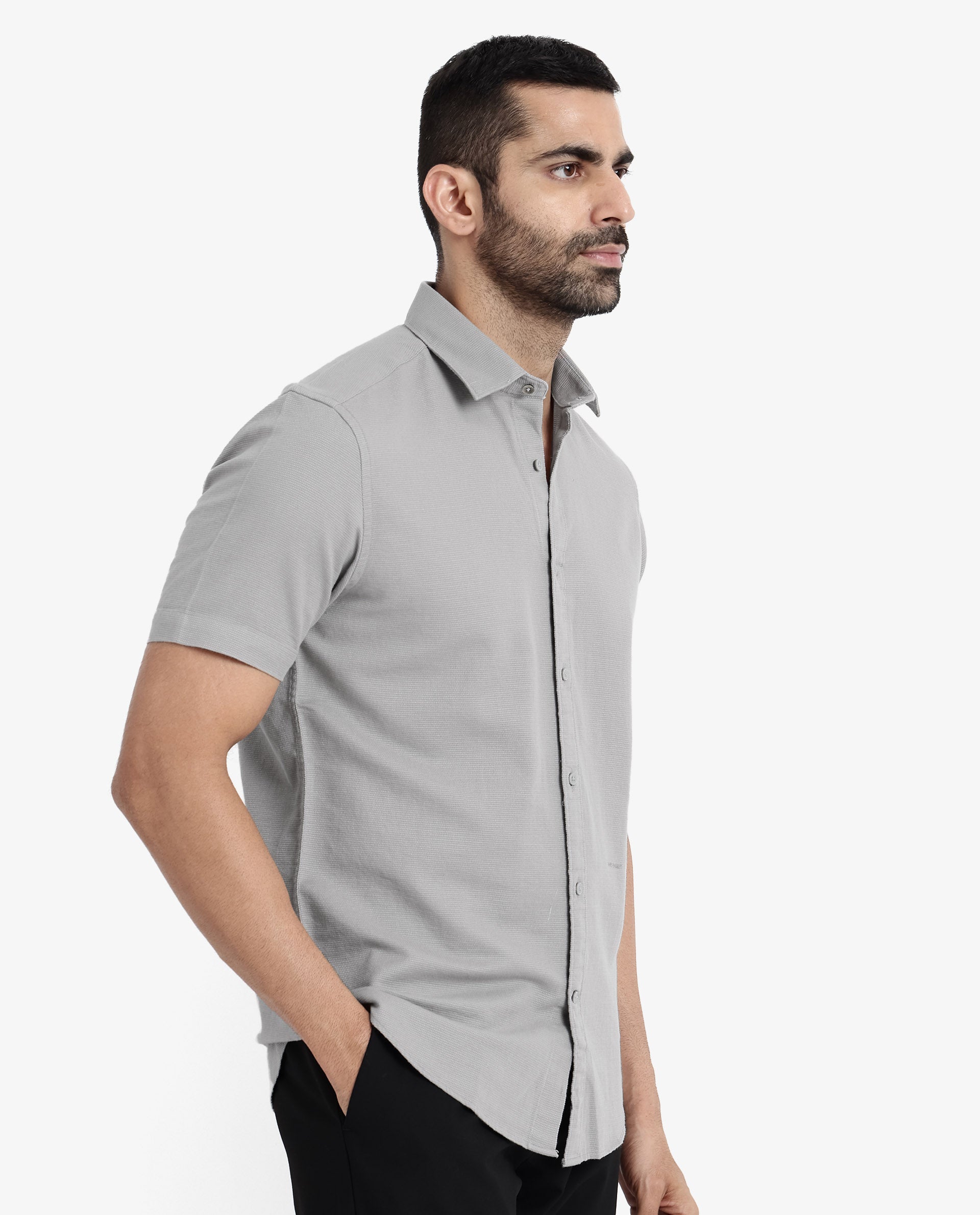 Rare Rabbit Men's Rissa Grey Cotton Fabric Half Sleeves Solid Dobby Shirt