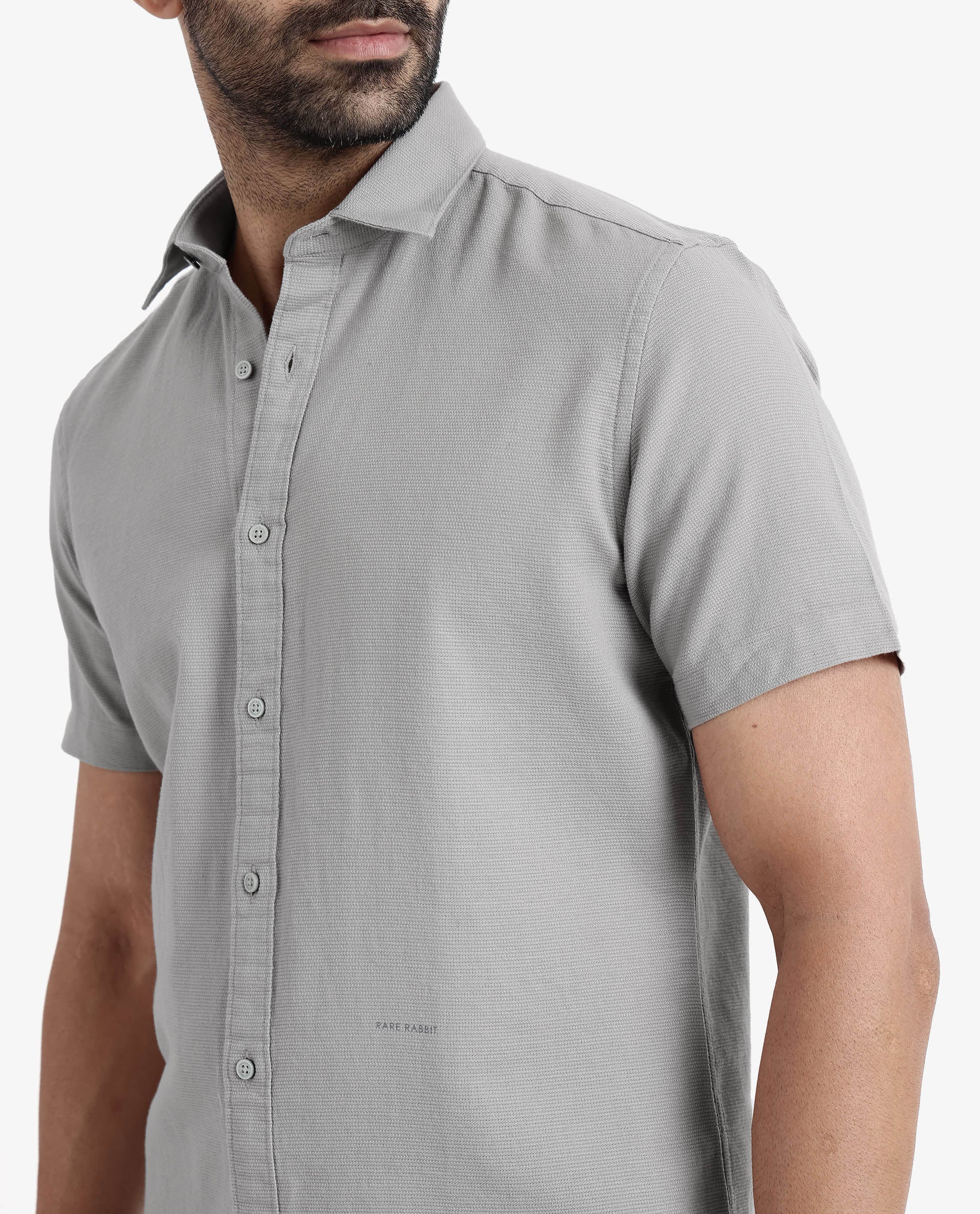 Rare Rabbit Men's Rissa Grey Cotton Fabric Half Sleeves Solid Dobby Shirt