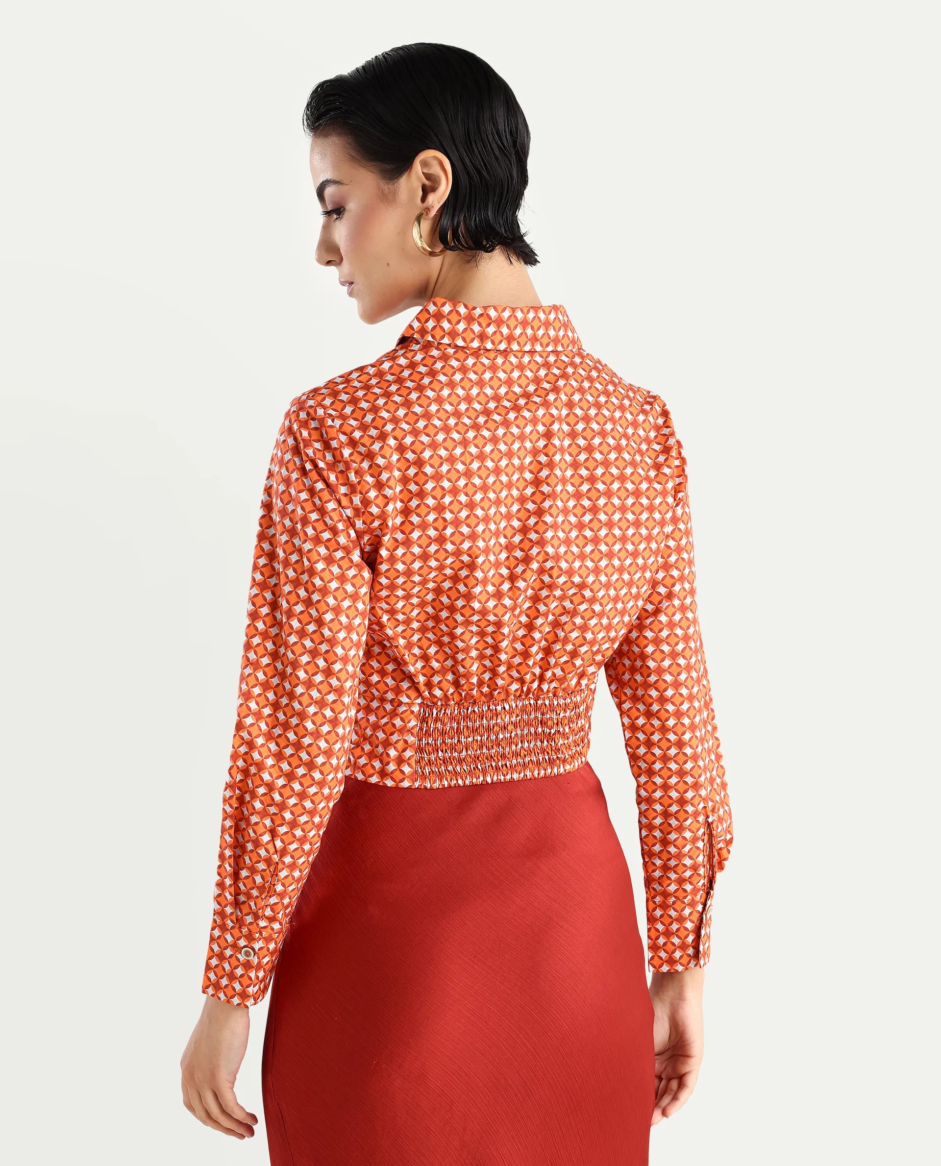 Rareism Women's Rister Multi Cotton Spread Collar Geometric Print Cuffed Sleeve Crop Regular Fit Top