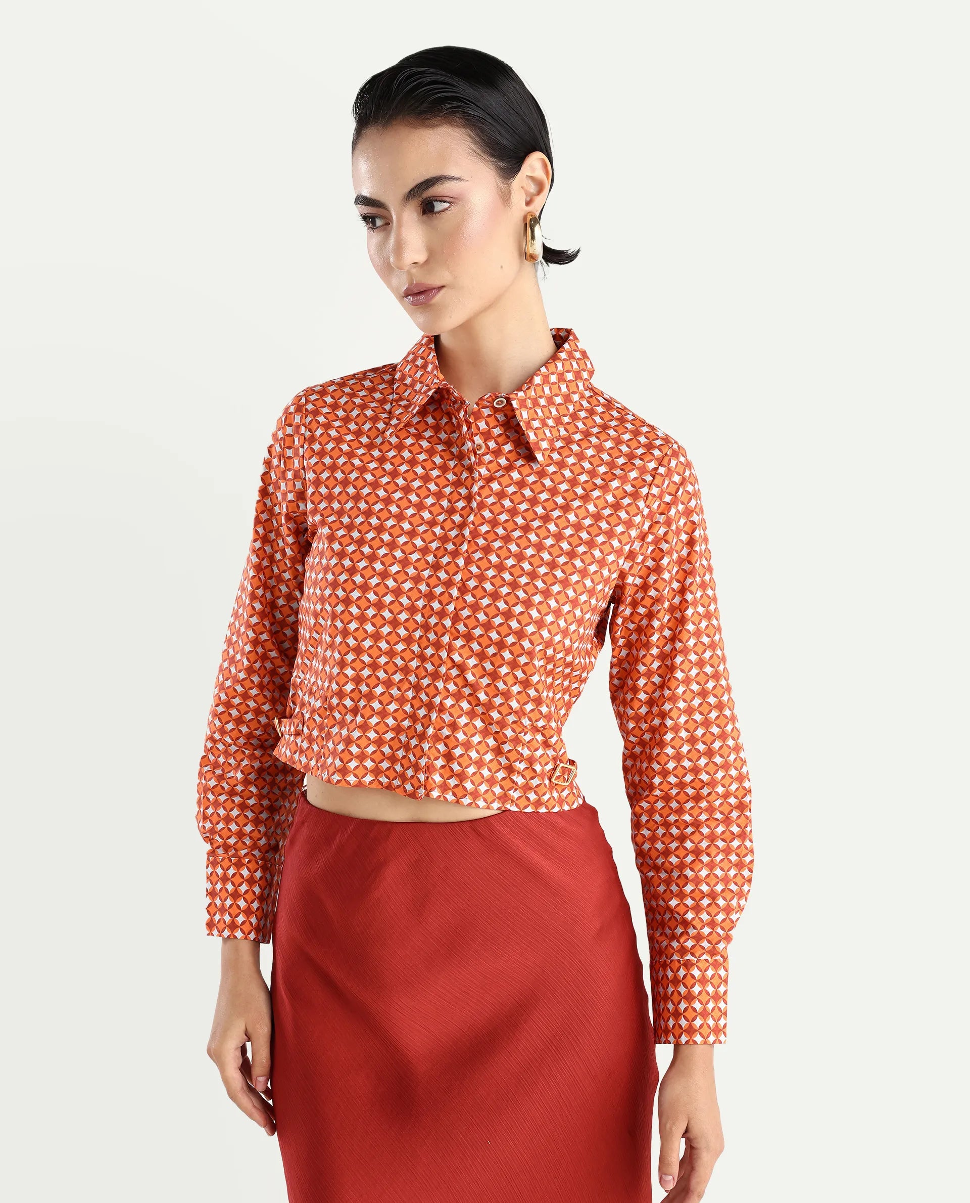 Rareism Women's Rister Multi Cotton Spread Collar Geometric Print Cuffed Sleeve Crop Regular Fit Top