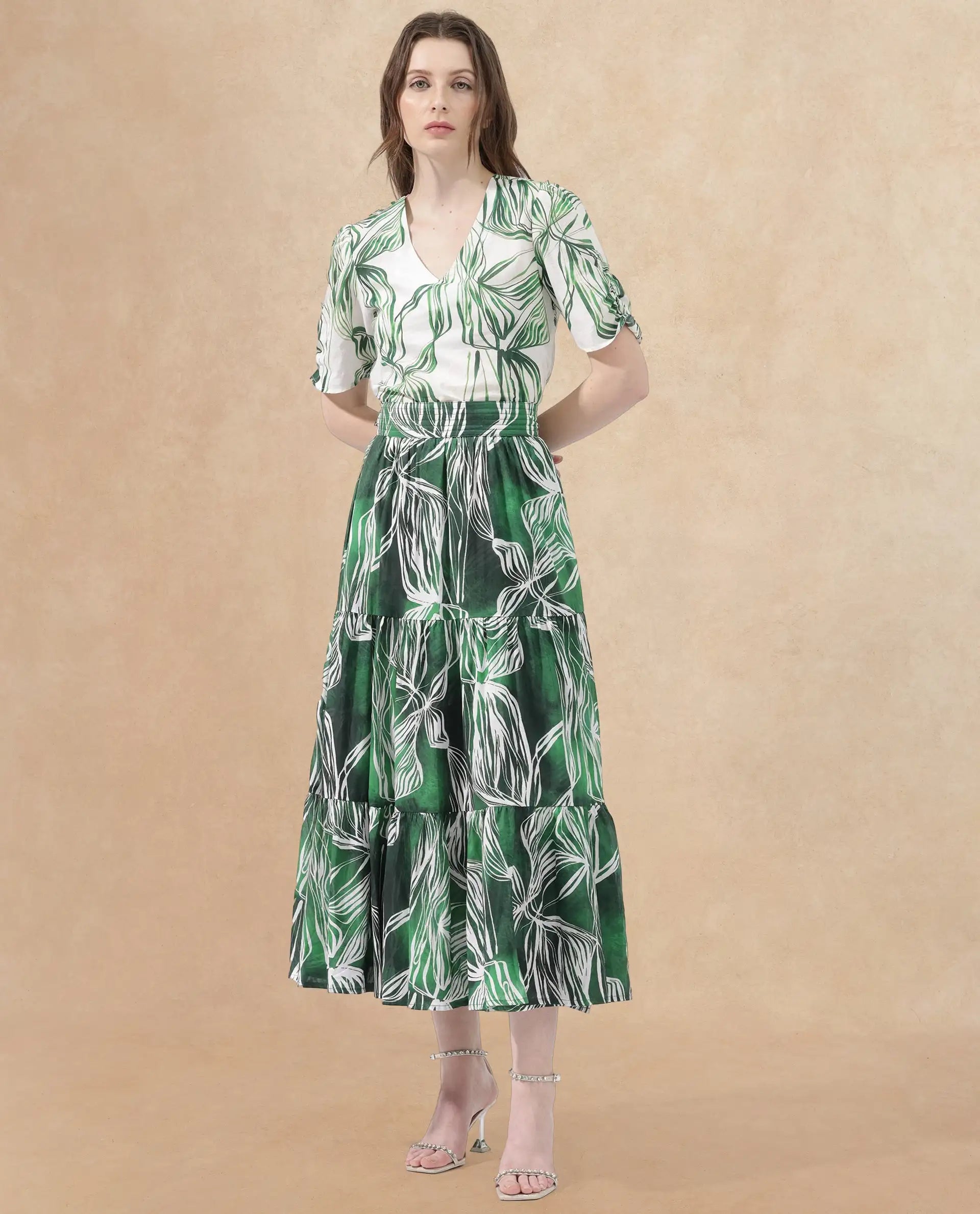 Rareism Women's Rittert Green Cotton Abstract Print Maxi Flared Skirt