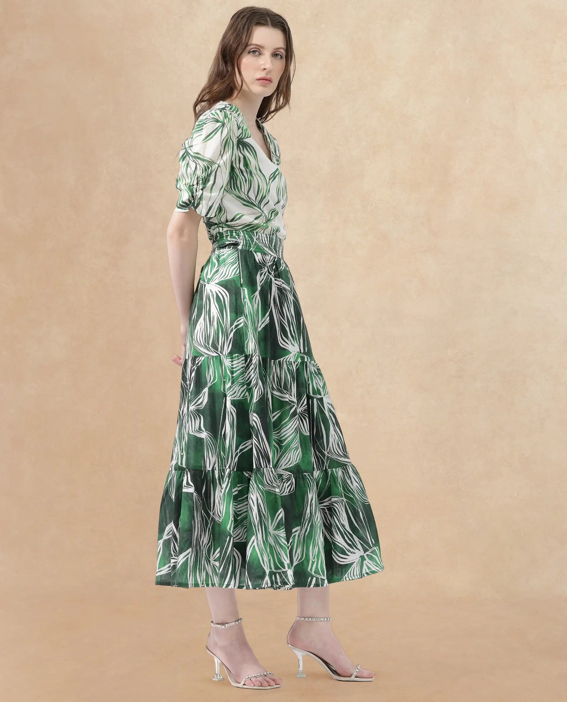 Rareism Women's Rittert Green Cotton Abstract Print Maxi Flared Skirt