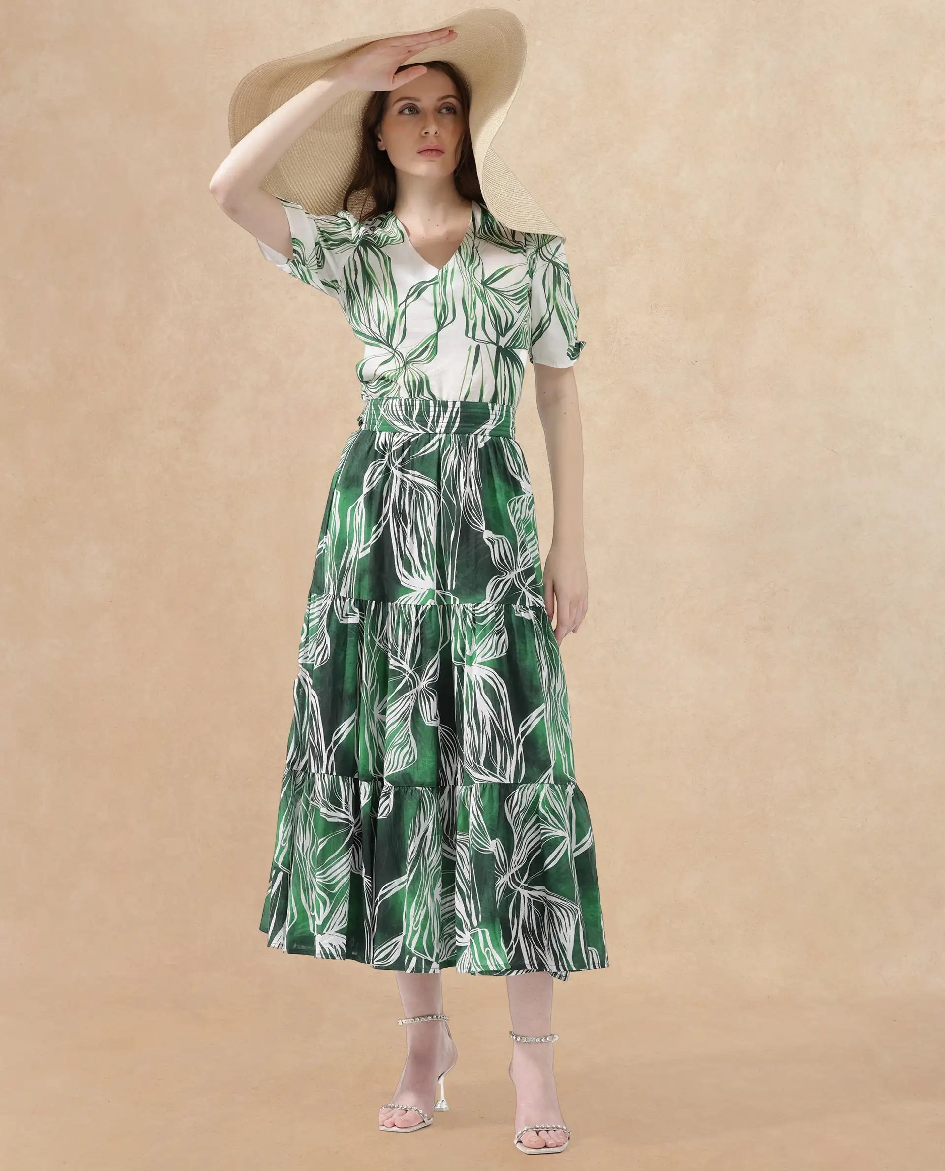 Rareism Women's Rittert Green Cotton Abstract Print Maxi Flared Skirt