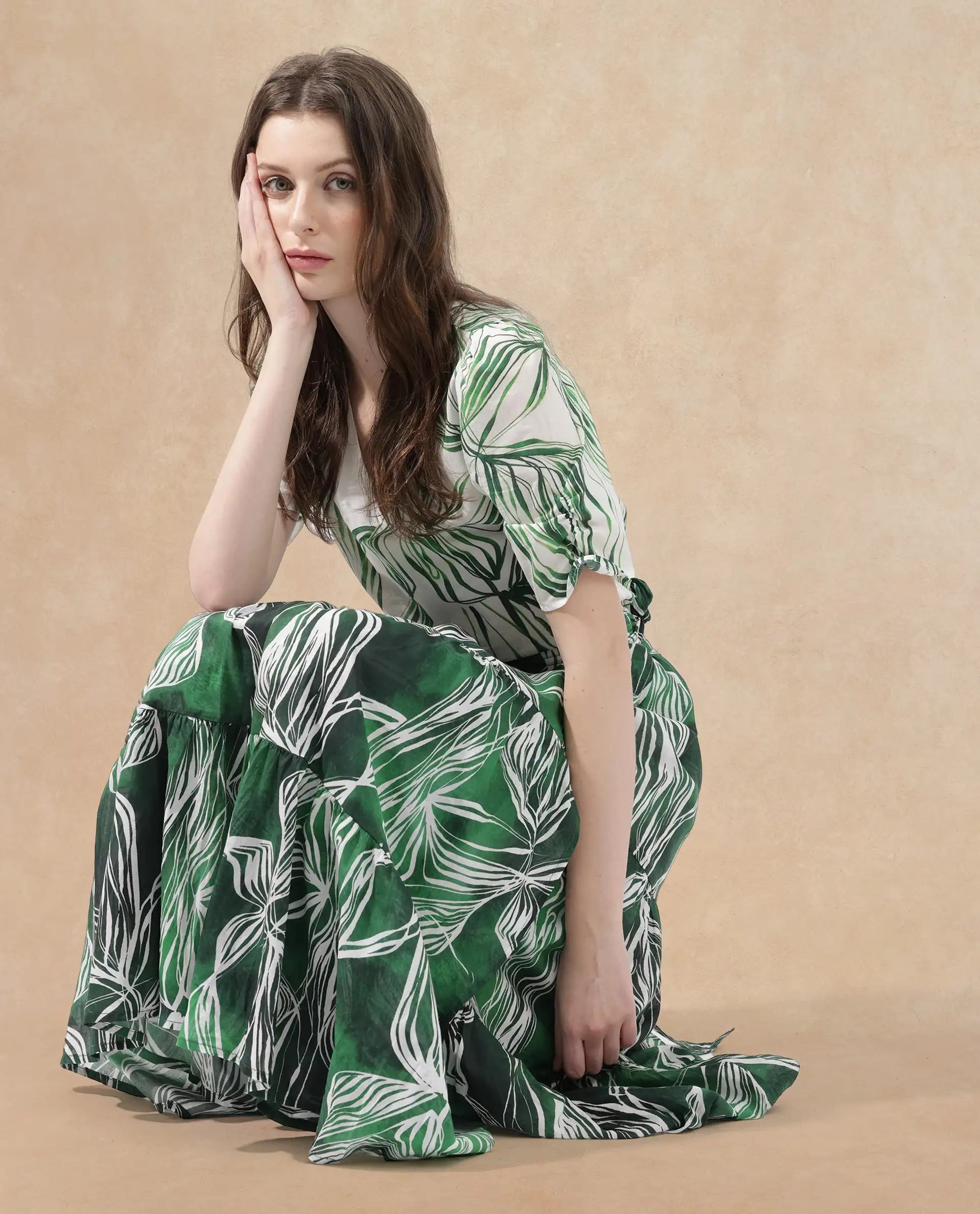 Rareism Women's Rittert Green Cotton Abstract Print Maxi Flared Skirt