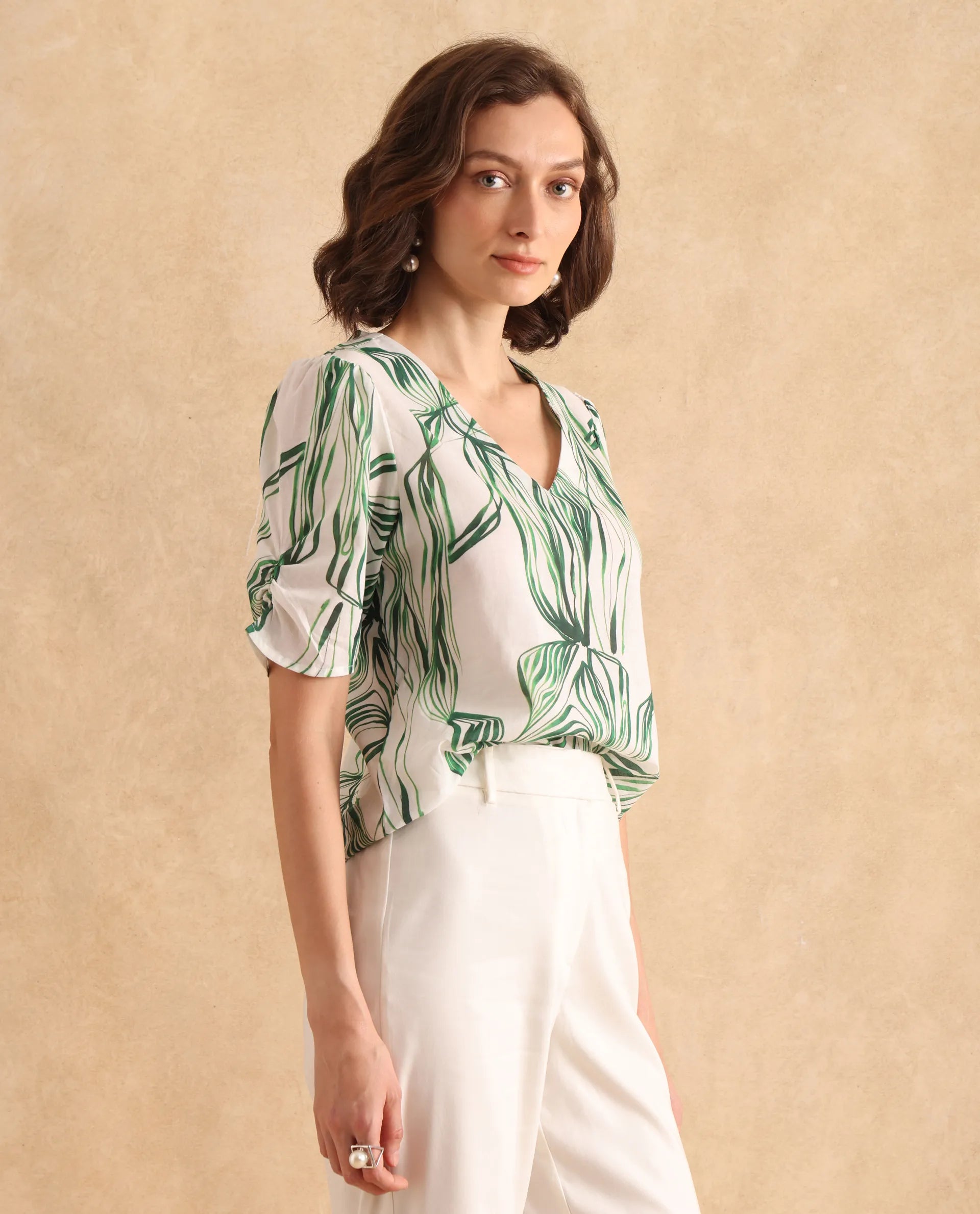 Rareism Women's Riter Green Cotton V-Neck Plain Puff Sleeve Regular Fit Top