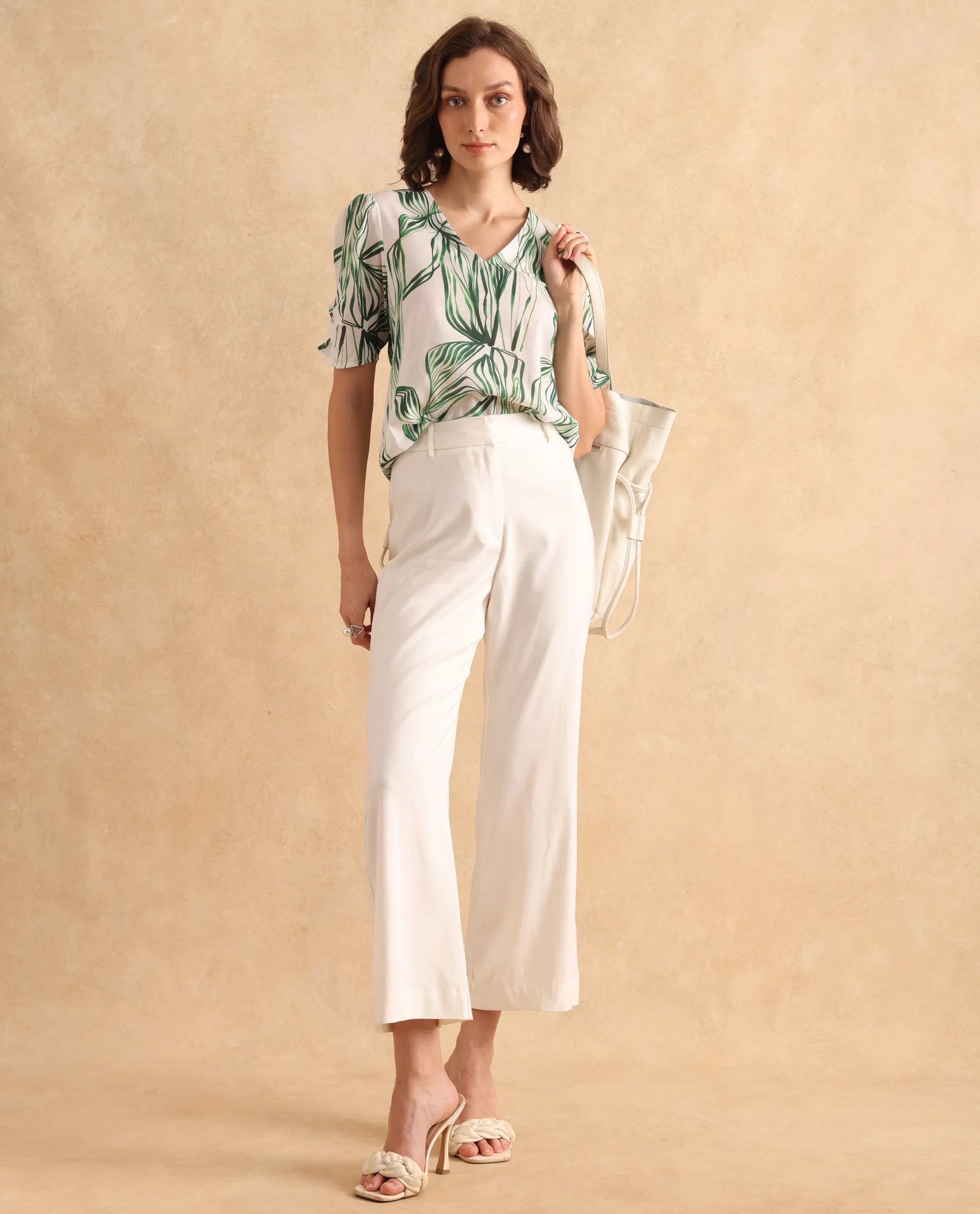 Rareism Women's Riter Green Cotton V-Neck Plain Puff Sleeve Regular Fit Top