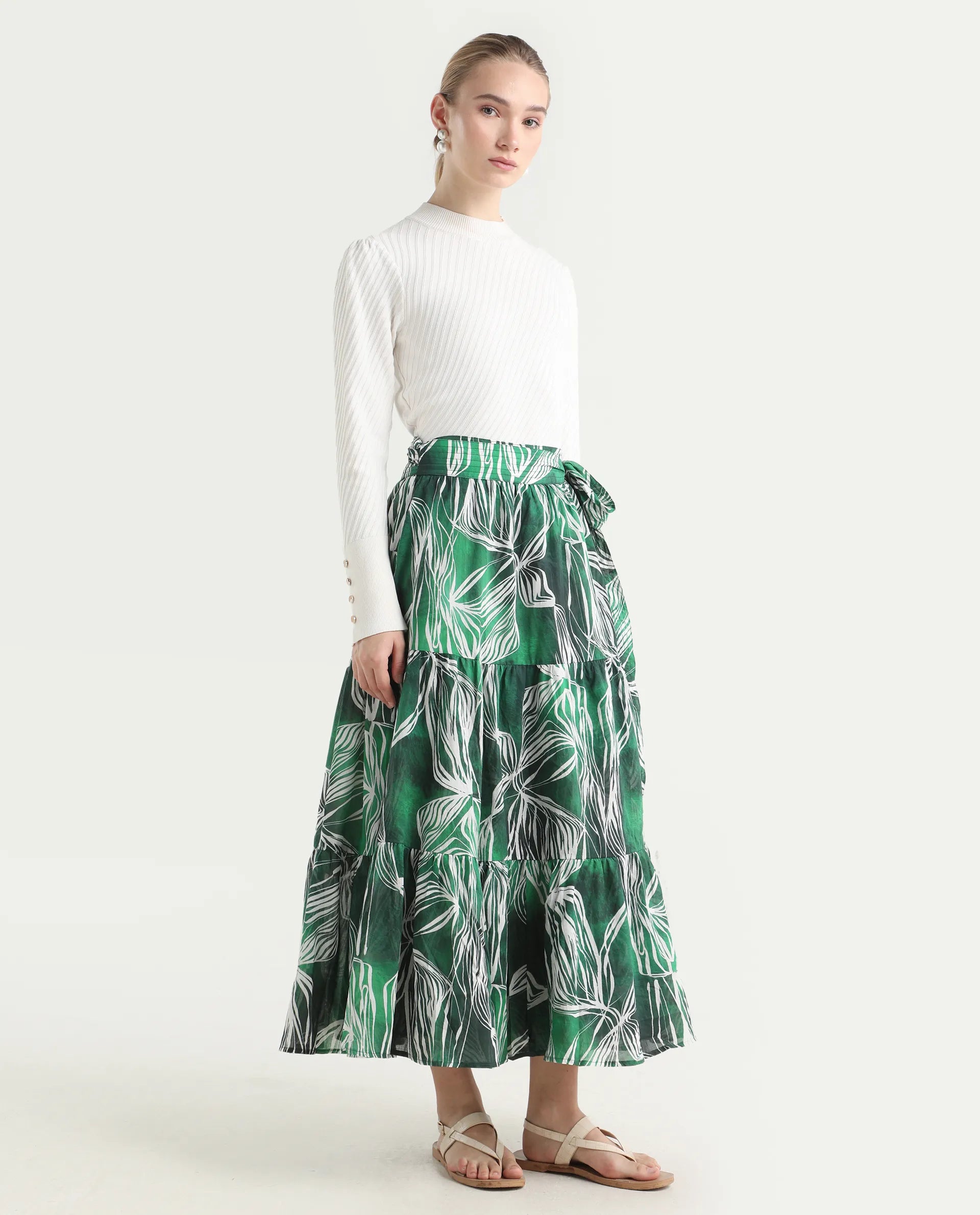 Rareism Women's Rittert Green Cotton Abstract Print Maxi Flared Skirt