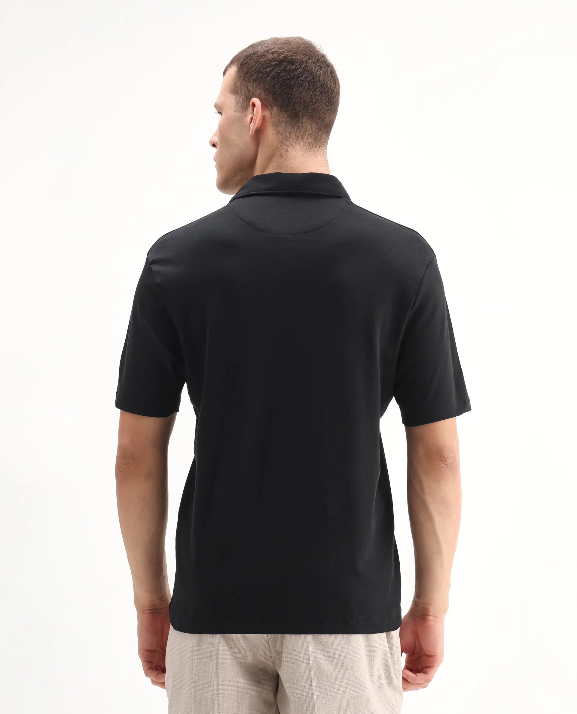 Rare Rabbit Men's Ritz Black` Cotton Plain Regular Fit Half Sleeve Polo