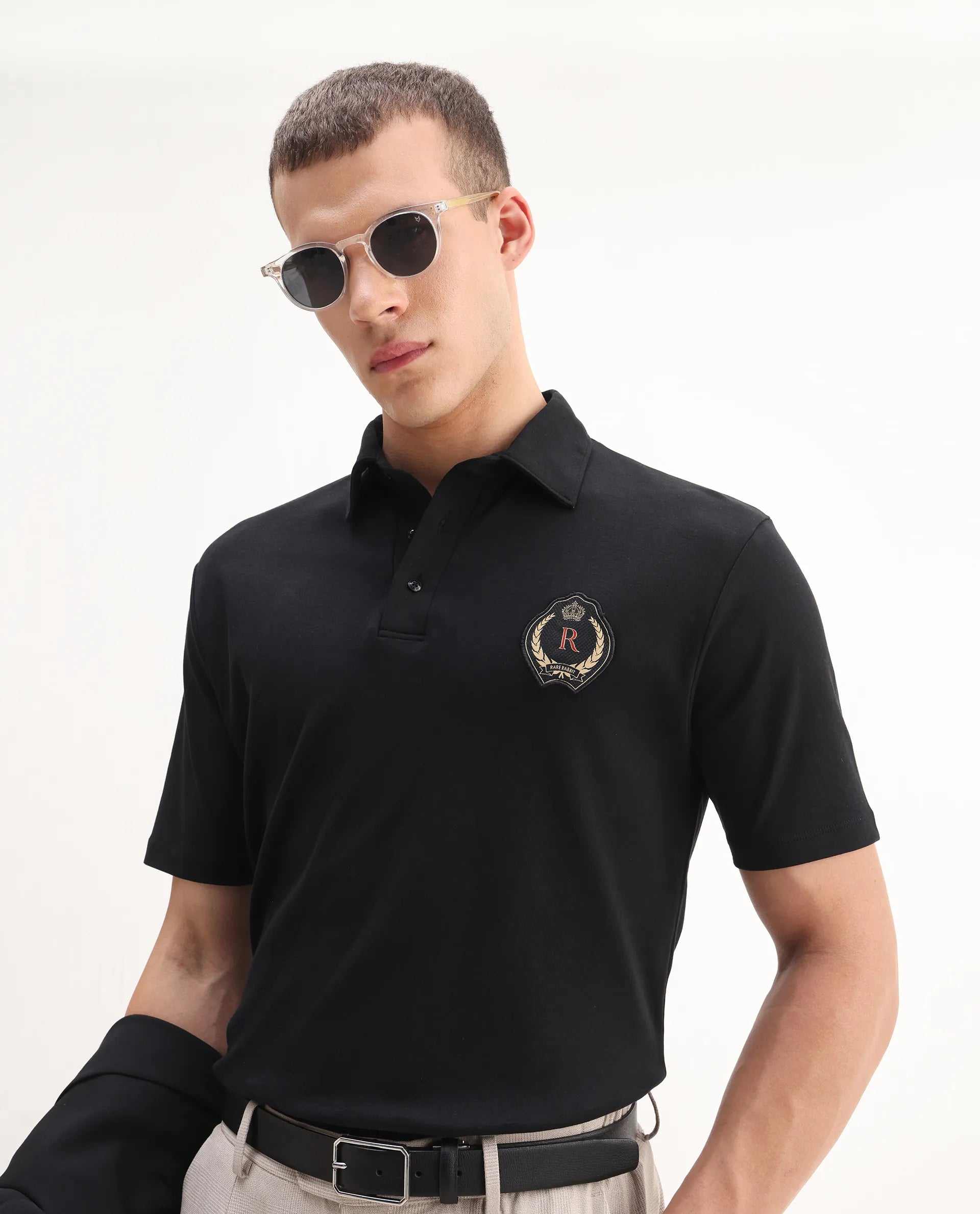 Rare Rabbit Men's Ritz Black` Cotton Plain Regular Fit Half Sleeve Polo