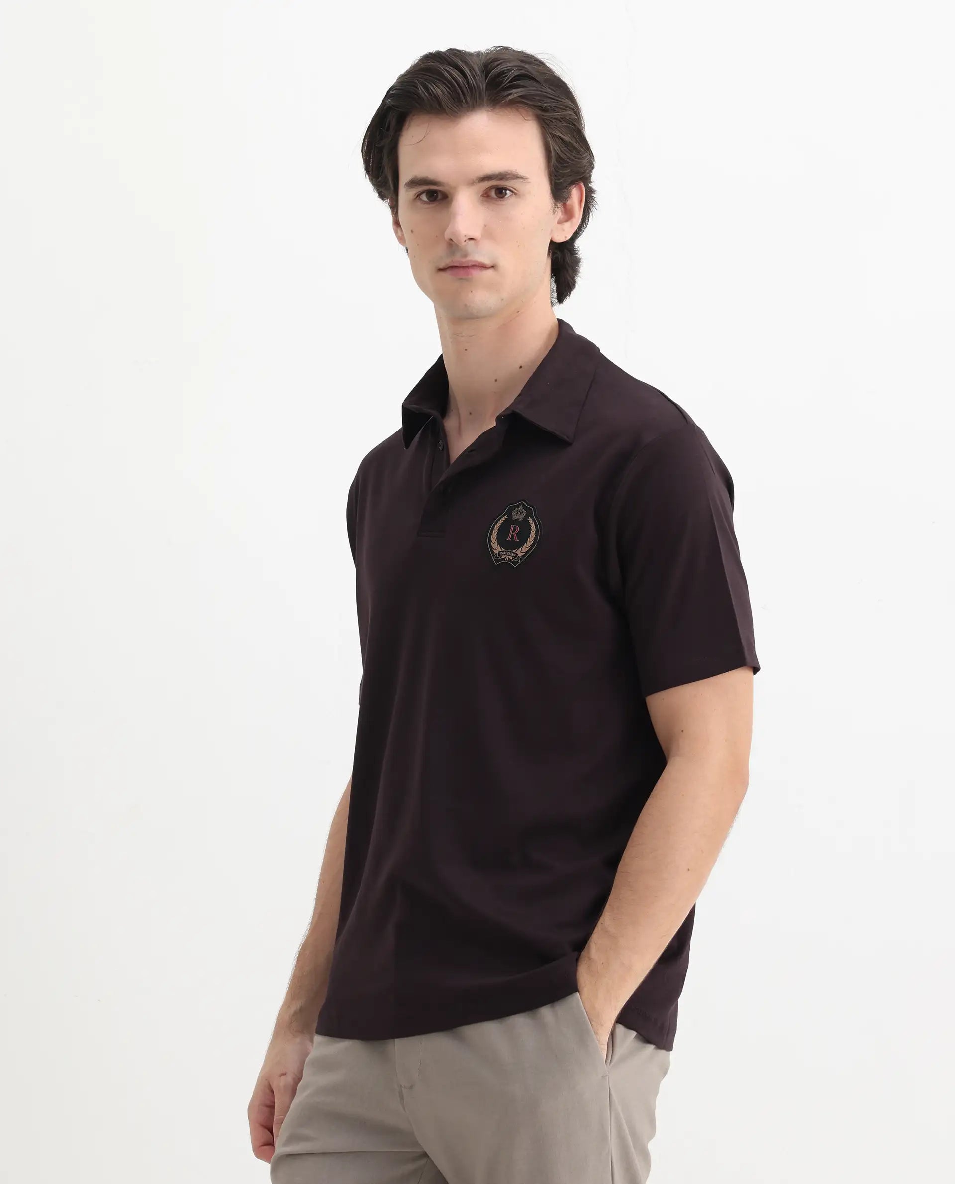 Rare Rabbit Men's Ritz Brown Cotton Plain Regular Fit Half Sleeve Polo