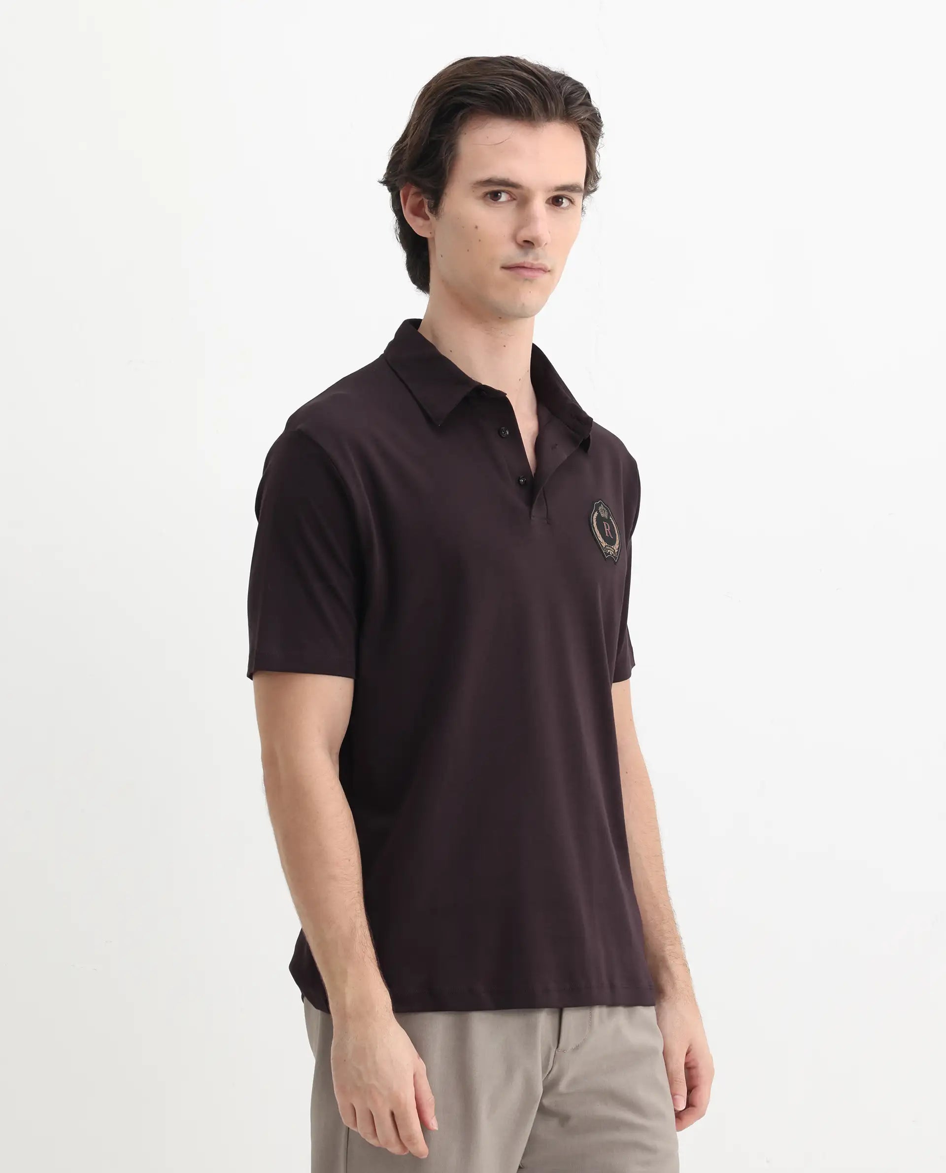 Rare Rabbit Men's Ritz Brown Cotton Plain Regular Fit Half Sleeve Polo
