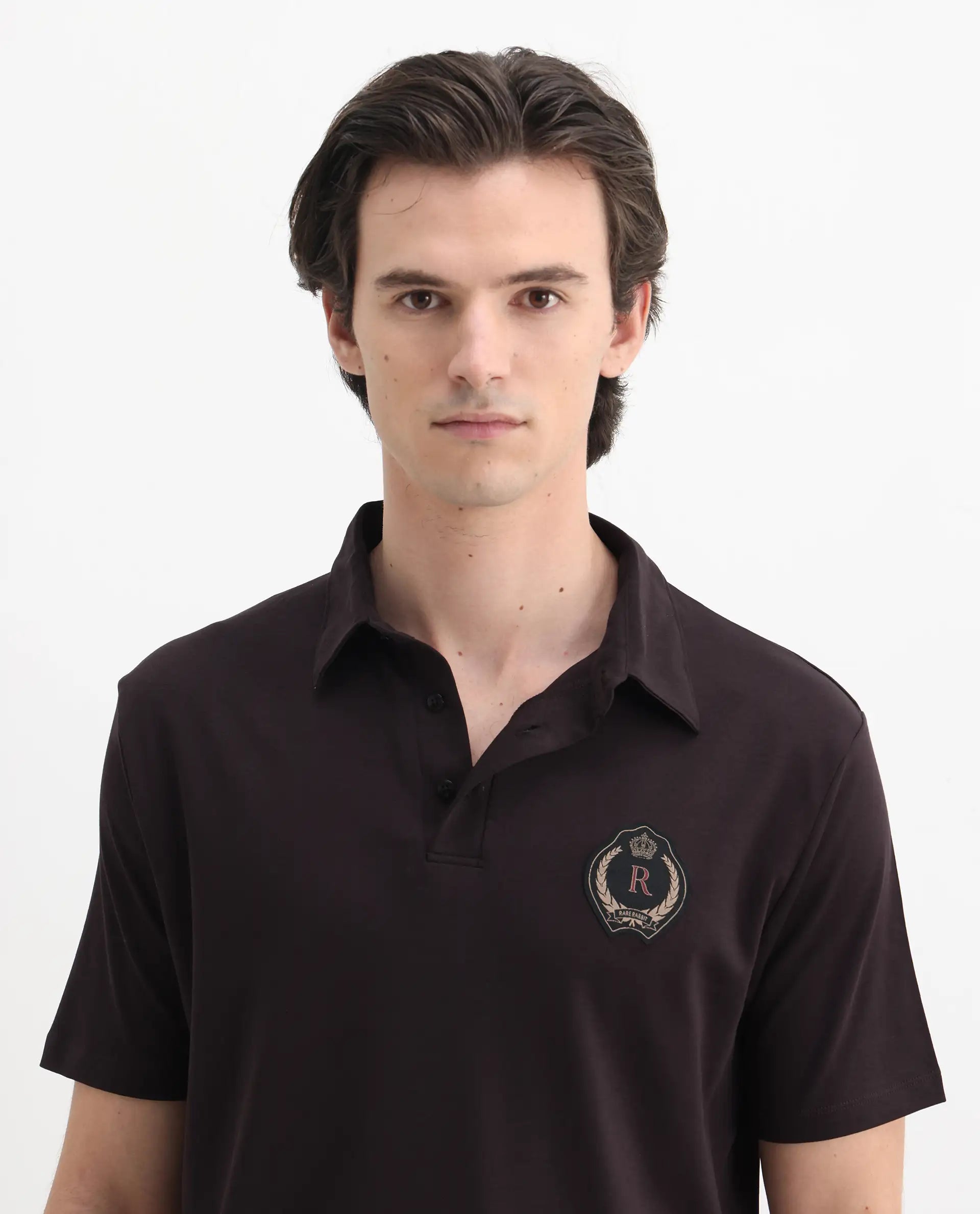Rare Rabbit Men's Ritz Brown Cotton Plain Regular Fit Half Sleeve Polo