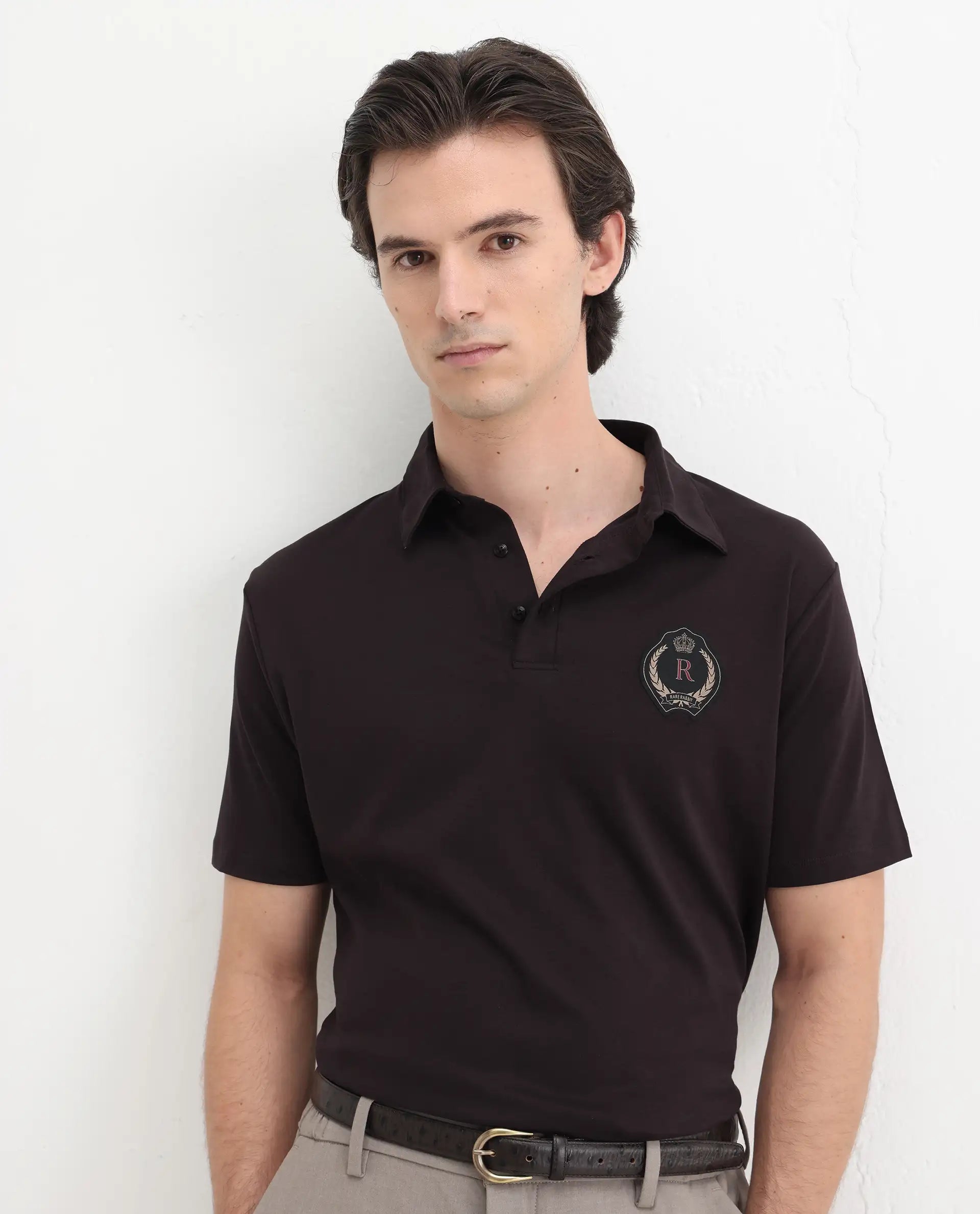 Rare Rabbit Men's Ritz Brown Cotton Plain Regular Fit Half Sleeve Polo