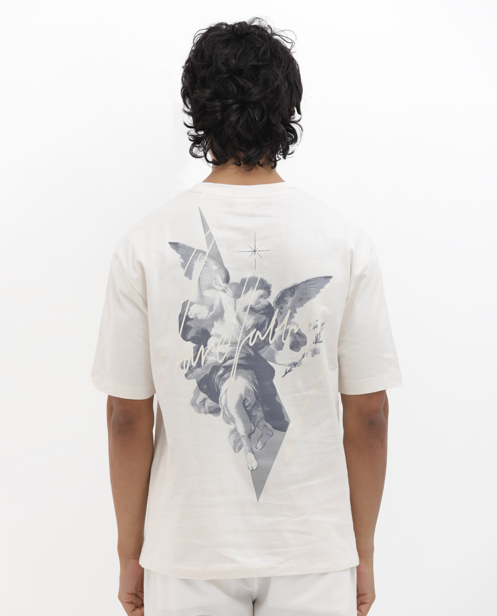 Rare Rabbit Articale Men's River Off White Cotton Polyester Fabric Crew Neck Oversized Fit Graphic Print T-Shirt