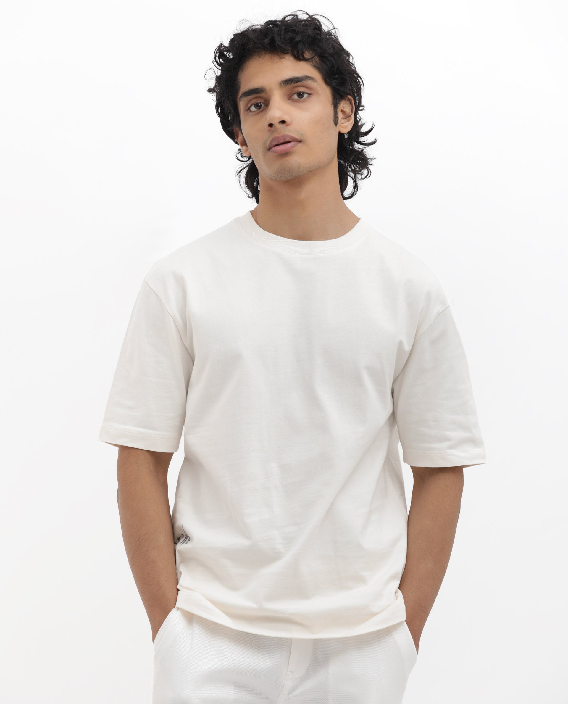 Rare Rabbit Articale Men's River Off White Cotton Polyester Fabric Crew Neck Oversized Fit Graphic Print T-Shirt