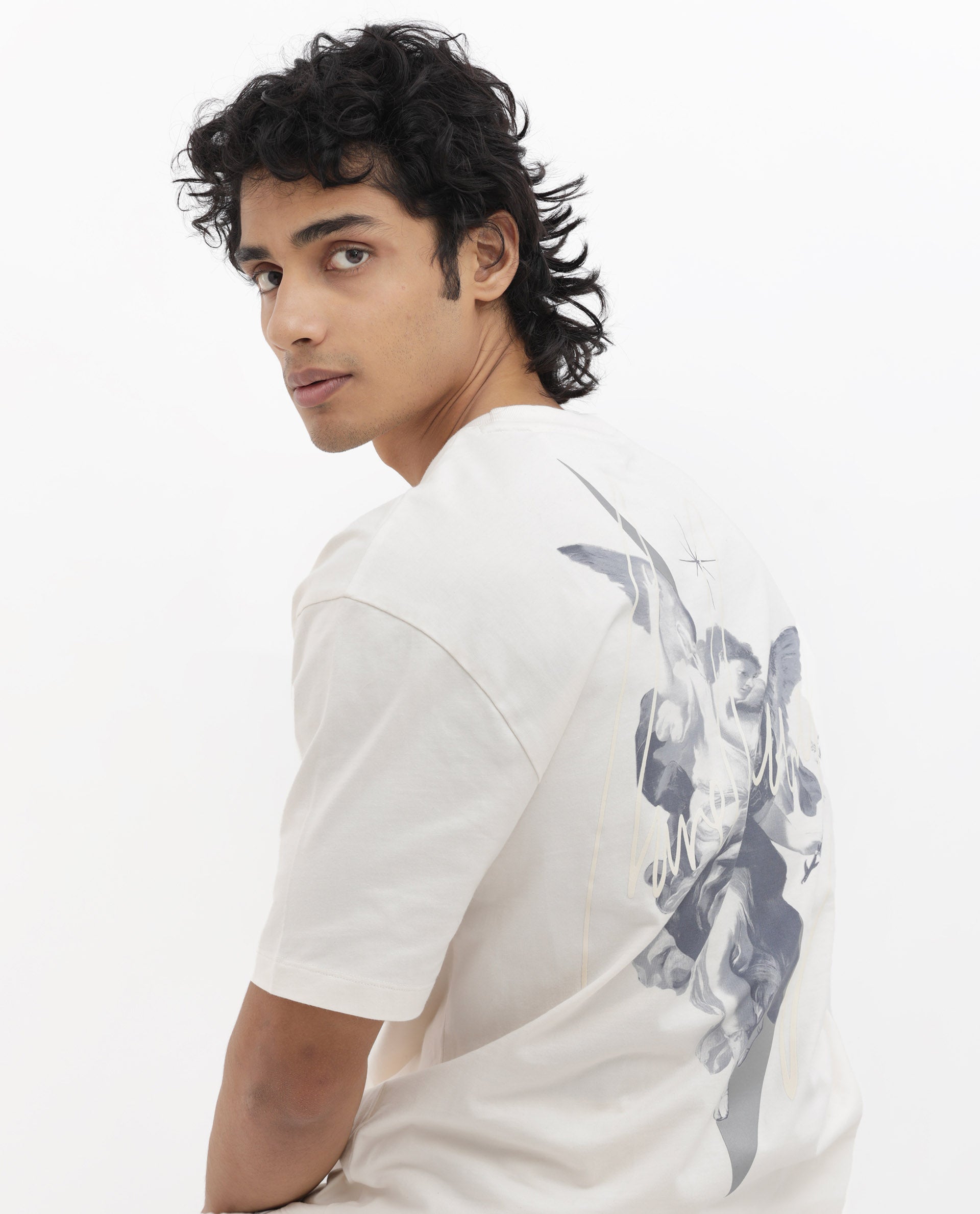 Rare Rabbit Articale Men's River Off White Cotton Polyester Fabric Crew Neck Oversized Fit Graphic Print T-Shirt