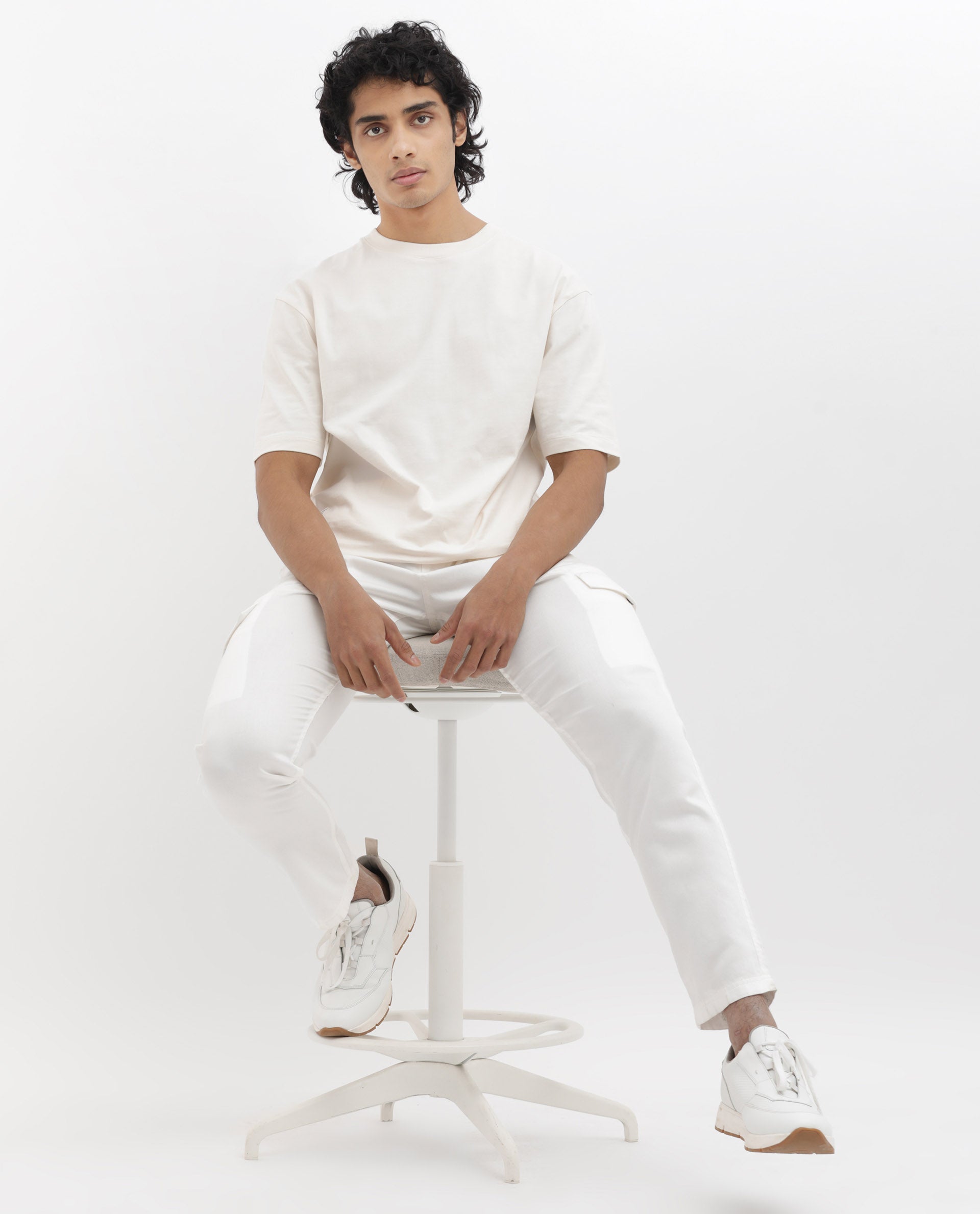 Rare Rabbit Articale Men's River Off White Cotton Polyester Fabric Crew Neck Oversized Fit Graphic Print T-Shirt