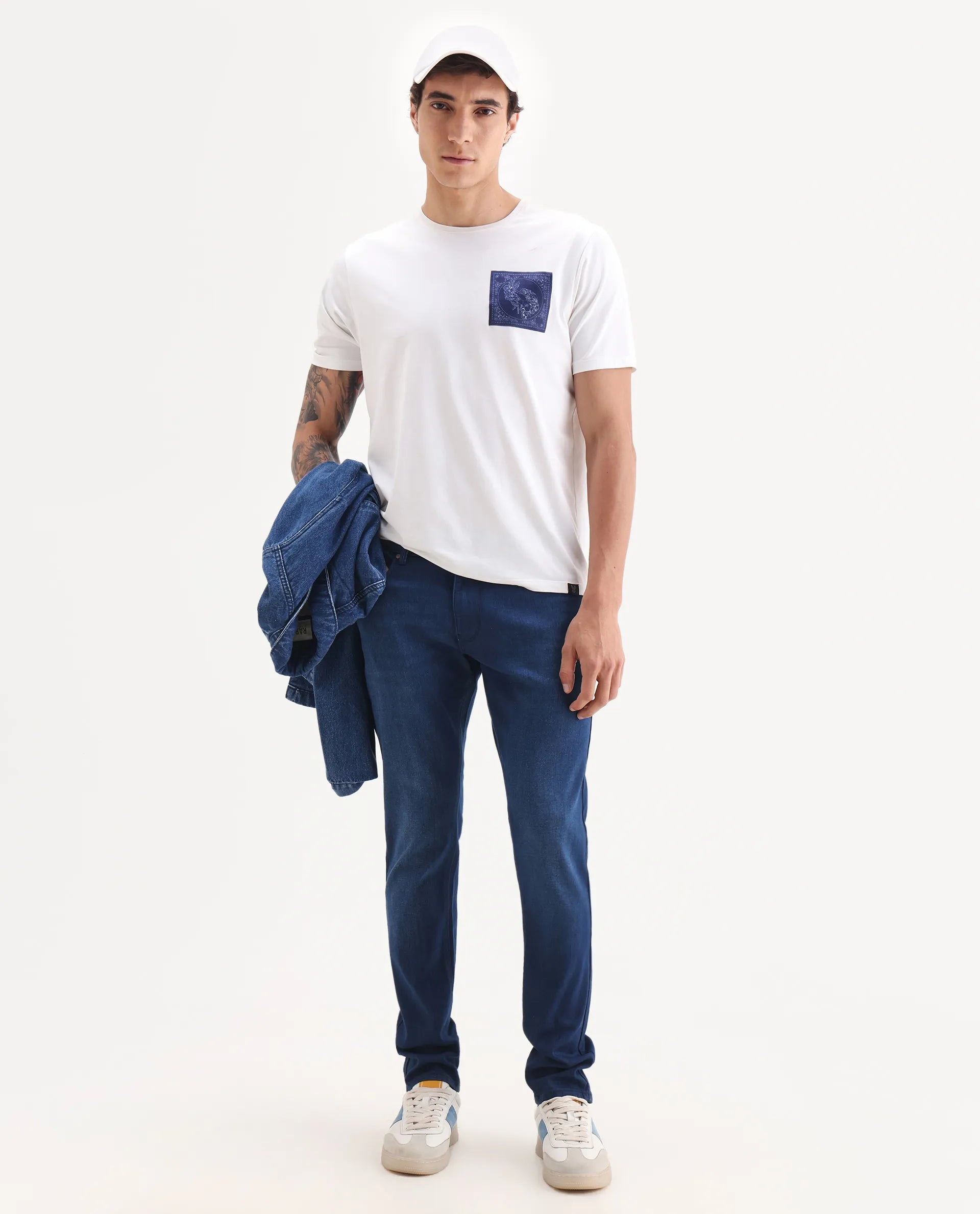 Rare Rabbit Men's River Blue Cotton Blend Fabric Hawk Slim Fit Plain Jeans