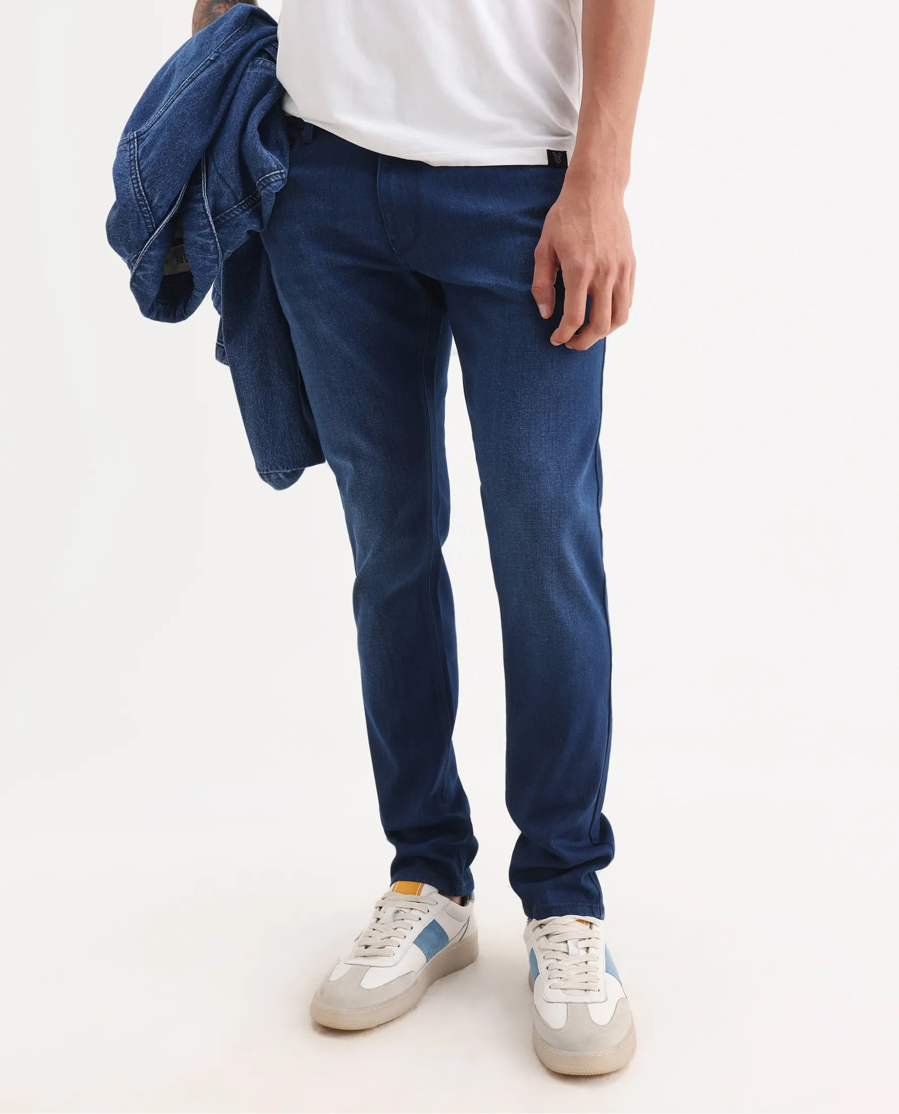 Rare Rabbit Men's River Blue Cotton Blend Fabric Hawk Slim Fit Plain Jeans